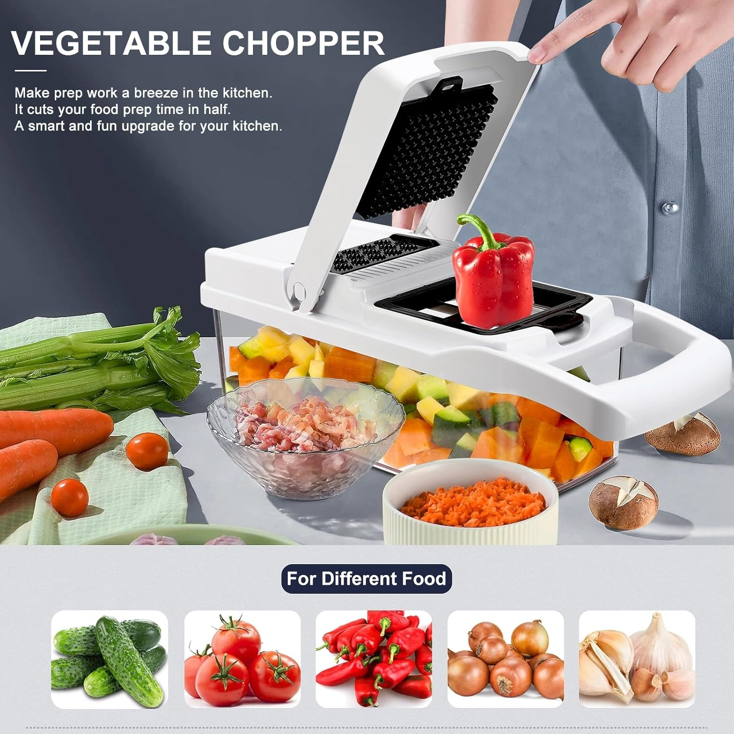 Vegetable Chopper 22 in 1 Multifunction Onion Chopper Dicer, Spiralizer for Veggie Cutter, Mandoline Slicer, Food Chopper with Container, 9 Blades image number 2