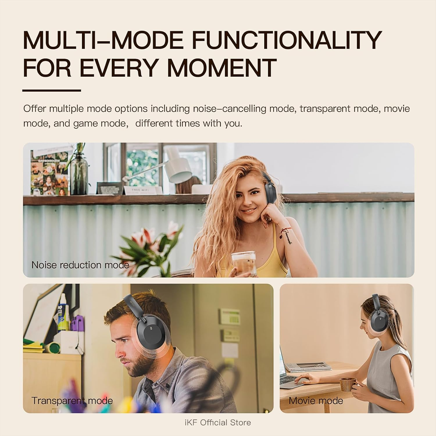 Ikf Solo Wireless over Ear Headphones,Active Noise Cancelling, 40Mm Speakers,130H Playback, Transparency Mode, Foldable, 35Ms Low Latency, USB Audio with External Mic, App Customization (Black) image number 1