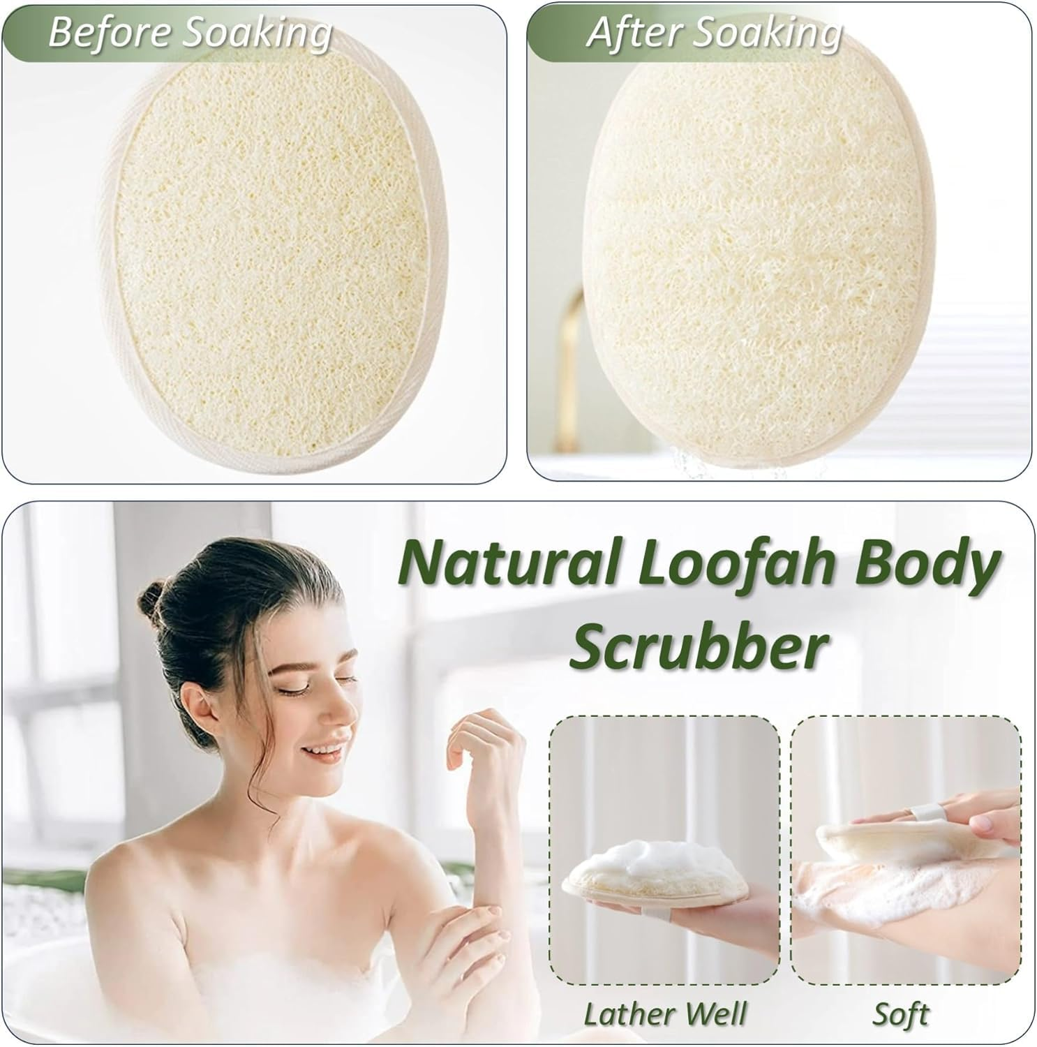 2Pcs Natural Loofah Sponge, Premium Exfoliating Body Scrubber for Women & Men Ideal Shower Scrubber for Body Perfect for Exfoliation, Cleansing, and Gentle Skin Care (White) - White image number 4
