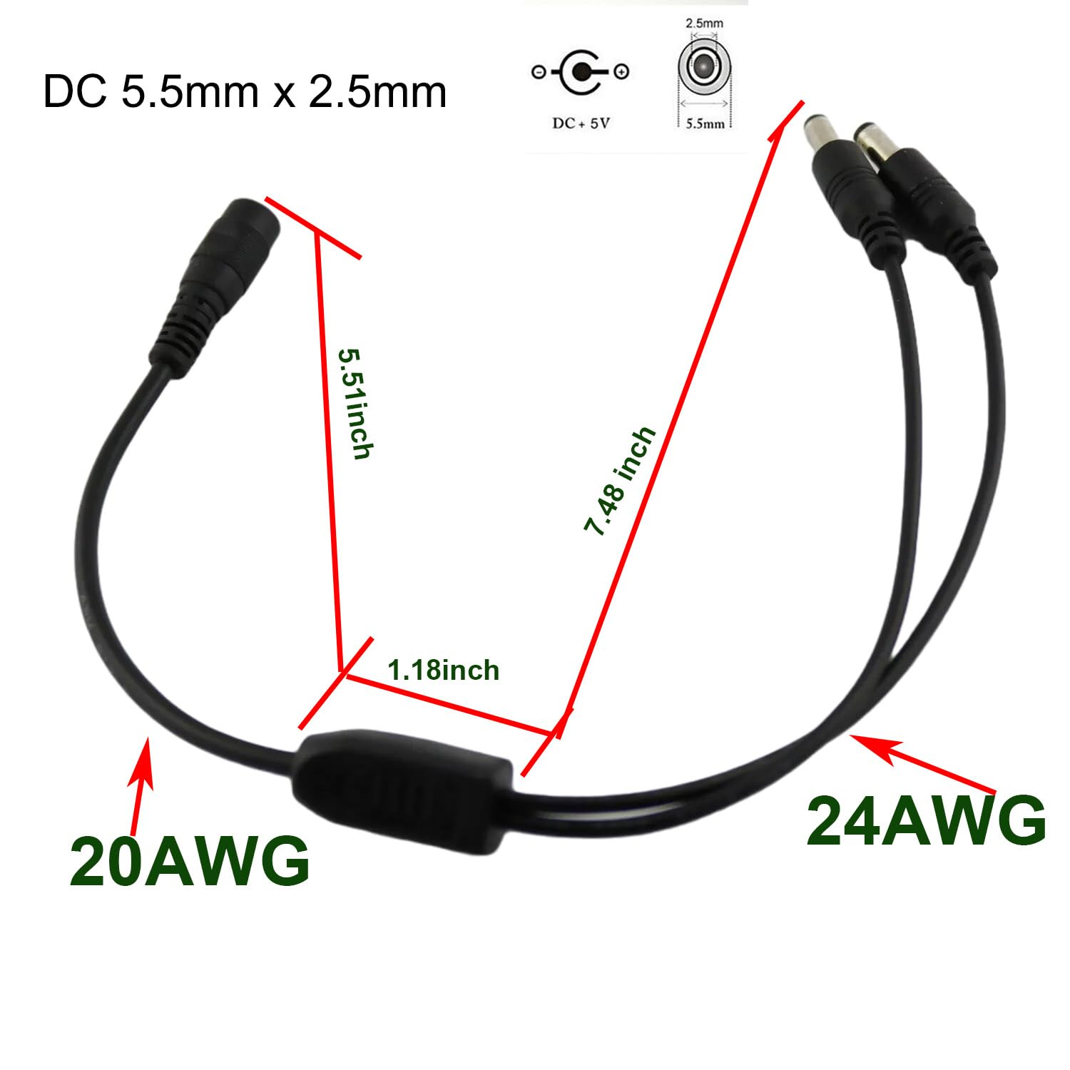 Upperfu 2Pcs CCTV DC Power Splitter Cable 5.5Mm X 2.5Mm Female Jack to 2 Male Splitter Connector Cable 5.5Mm X 2.5Mm Adapter for LED Strip Surveillance Camera Security Camera image number 4