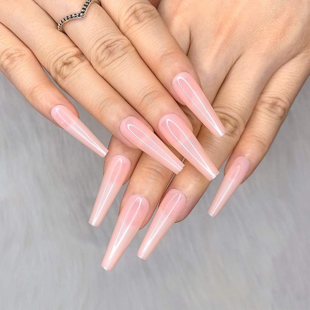 Artquee 24Pcs Light Nude Clear Pure Color Ballerina Long Coffin Glossy Fake Nails Press on Nail False Tips Manicure for Women - Cb-14 image number 6