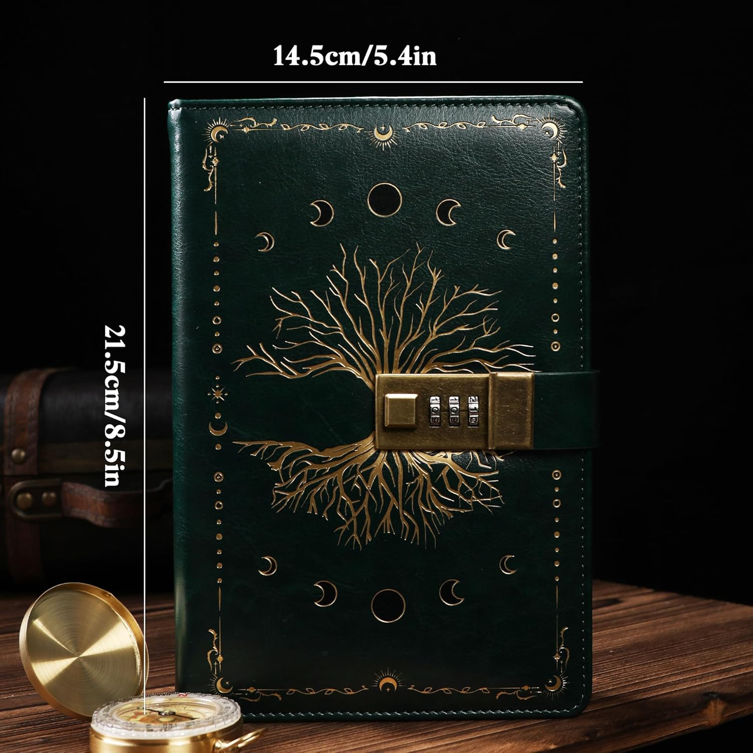 TIEFOSSI Diary with Lock, Tree of Life Vintage Journal with Lock for Women Men, A5 Refillable Notebook with Lock for Writing, 224 Numbered Pages - Green image number 2