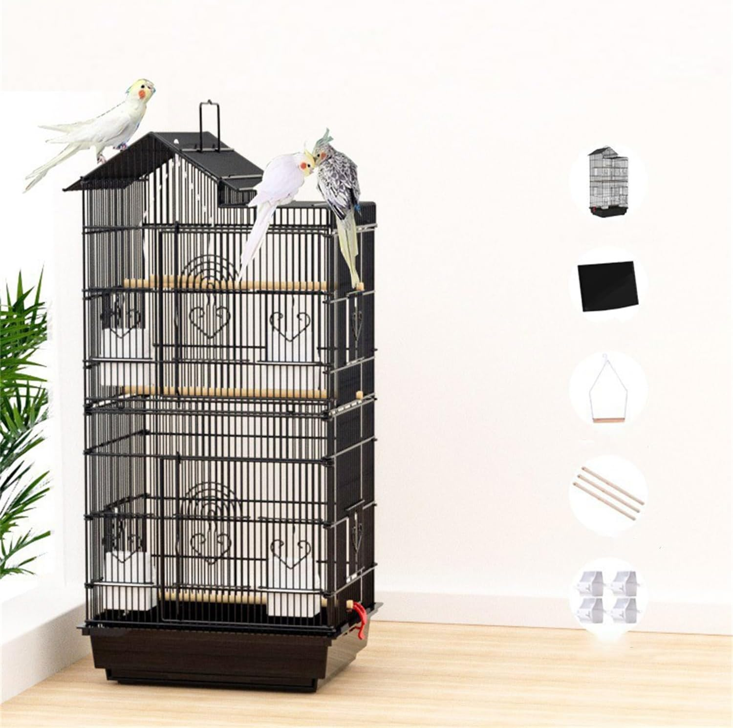 Bird Cage, 3 Perches Small and Medium-Sized, Aviary Parrot Budgie Finch Canary Wheels, Black Slide-Out Removable Tray image number 5