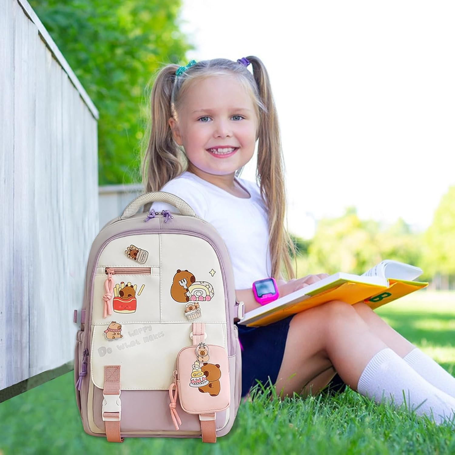 Gupcaqosjw Capybara Backpack for Girls - Cute Cartoon Kids Travel Back Pack for Girls,Stylish Schoolbag with Adjustable Straps for School Travel Outing Beach Weekend Trip - Khaki image number 5