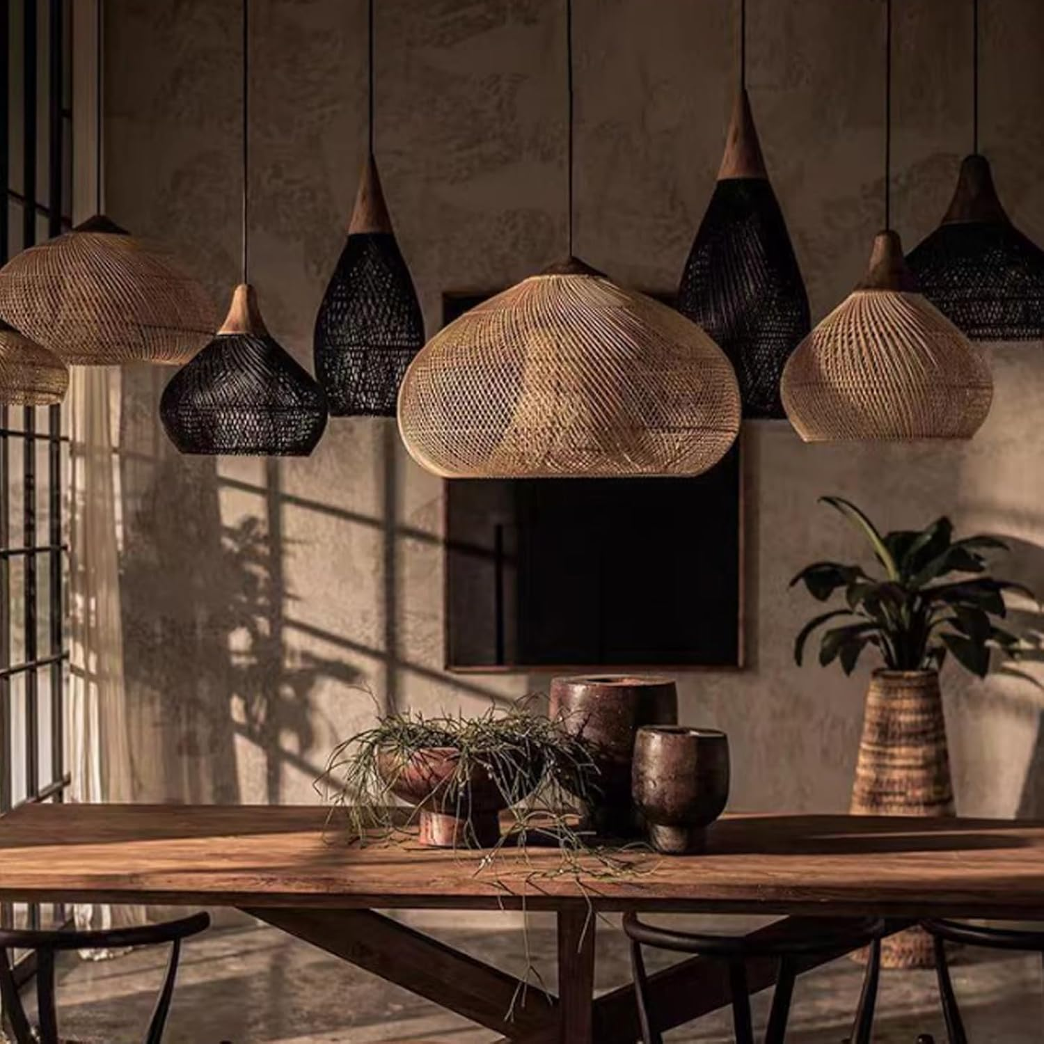 Rattan Pendant Light, Handmade Wicker & Bamboo Lampshade,Adjustable Cord,Boho Rustic Chandelier for Kitchen Island, Dining Room & Living Room &ndash; Natural Woven Design Creates Warm (40Cm,Light Brown) image number 1