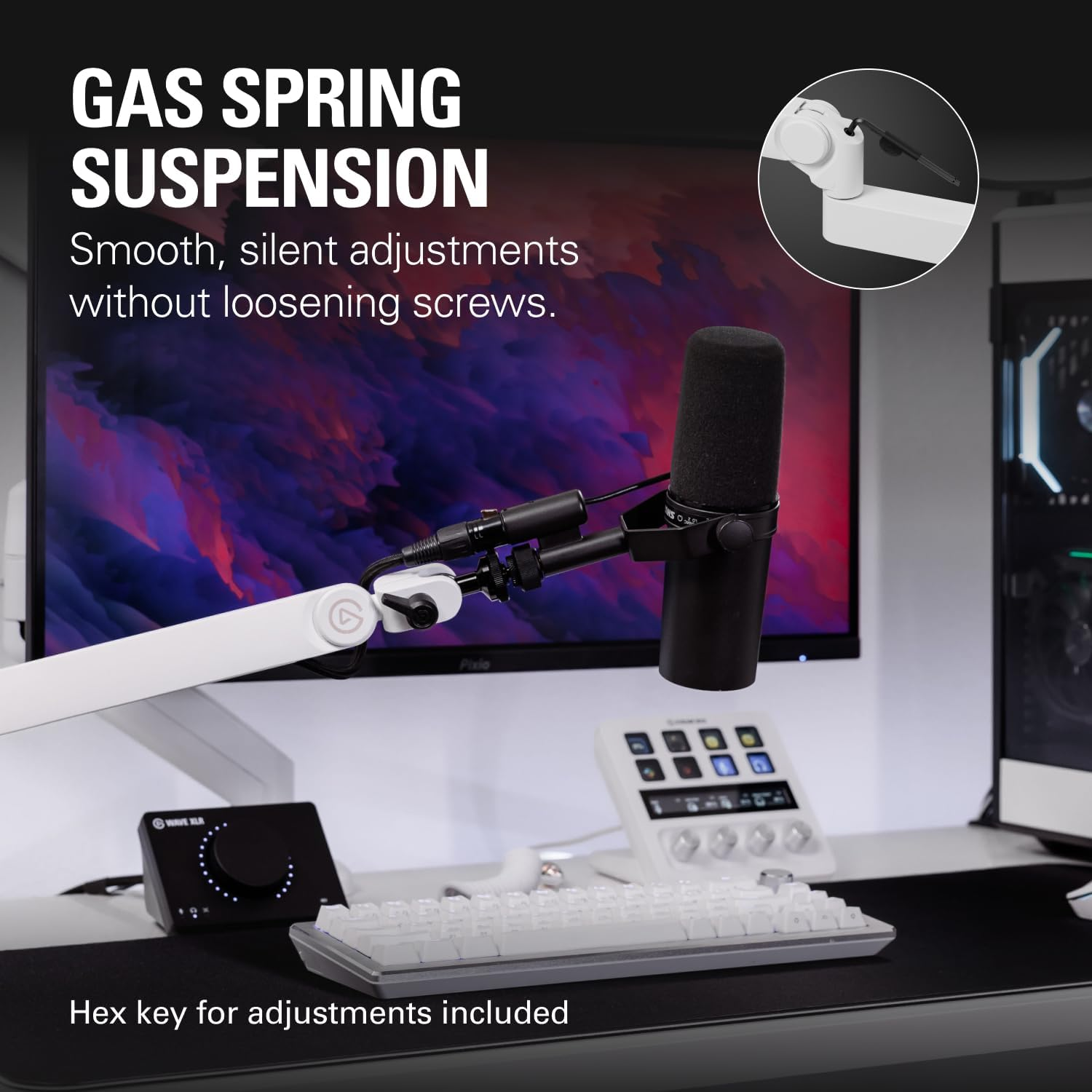 Elgato Wave Mic Arm Pro White - 360&deg; Rotatable Low Profile Gas Spring Microphone Arm, Works with Elgato Mics/Shure Sm7B/Hyperx Quadcast/Rode/Blue Yeti & More &ndash; for Broadcasting/Podcasting/Streaming