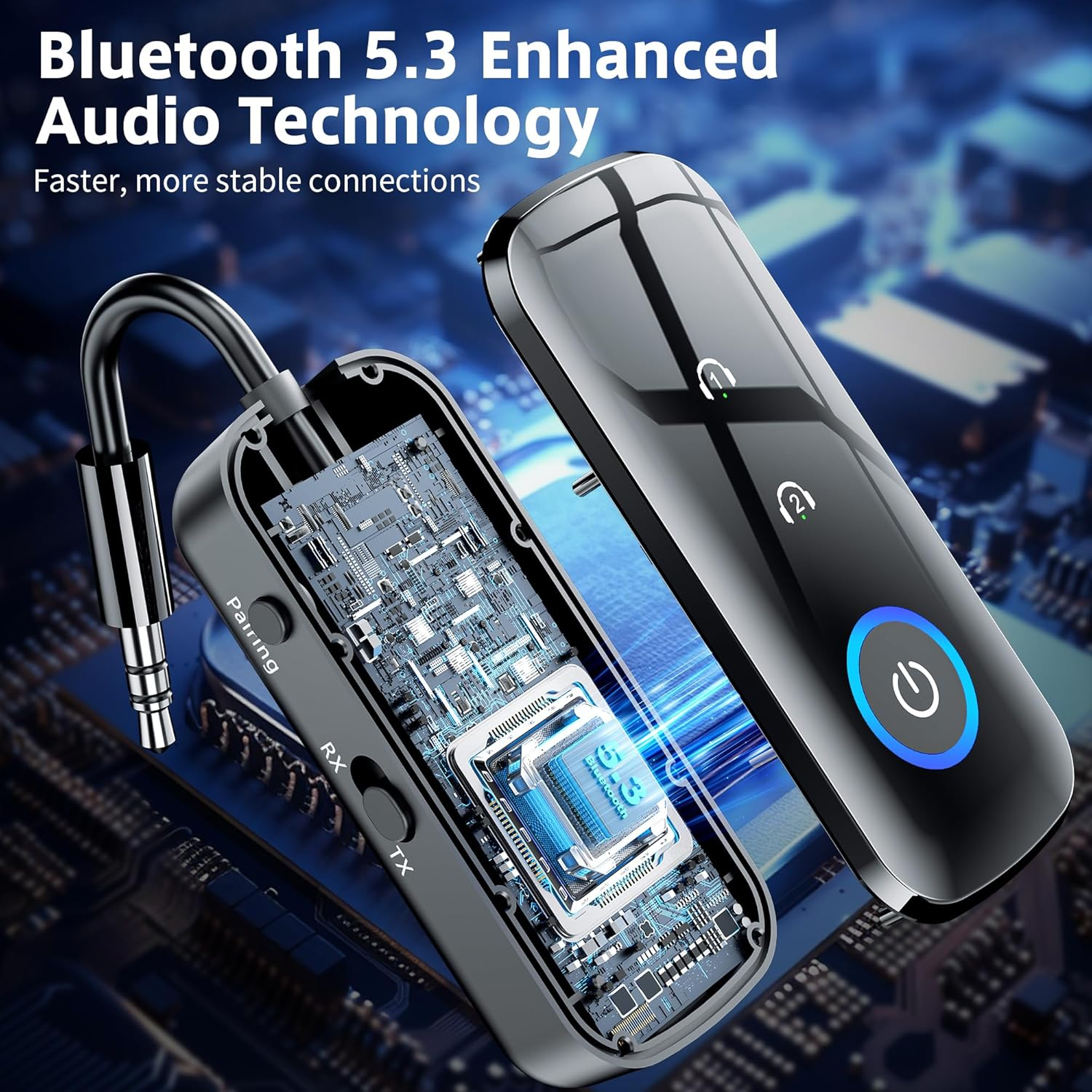 2 in 1 Bluetooth 5.3 Transmitter Receiver, SONRU Travel Essentials Airplane Headphone Adapter Airfly Wireless Adapter with 3.5Mm AUX Compatible with 2 Airpods Wireless Headphones - Blue image number 1