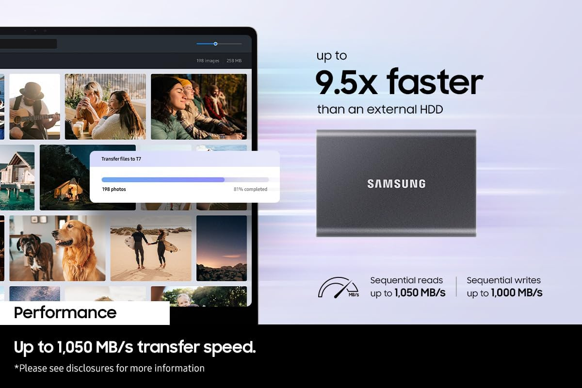 Samsung Portable SSD T7, 1TB, Indigo Blue, USB3.2, Type-C, R/W(Max) 1,050Mb/S, Aluminium Case image number 6