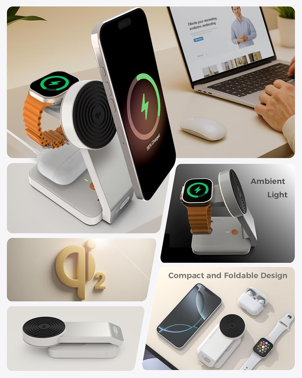 3 in 1 Foldable Mag-Safe Wireless Charger with Adapter &ndash; Magnetic Travel Charging Station for Iphone and Watch, Airpods &ndash; Fast Portable Charging Stand (Qi2 Beige & 30W Gan Adapter) image number 3