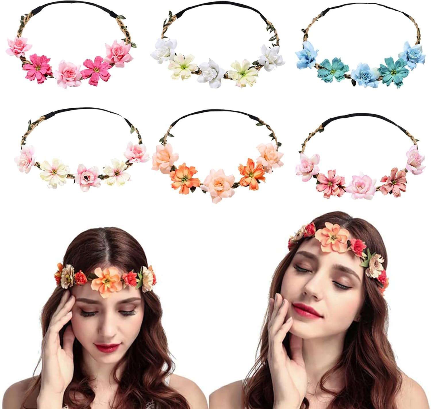 KASESSS 6 Pieces Flower Crown, Flower Headband, Multicolour Flower Hair Band, Floral Headband for Women Girls, Flower Crown Headband, Flower Wreath Hairband Festival Hair Accessories for Wedding Party image number 5