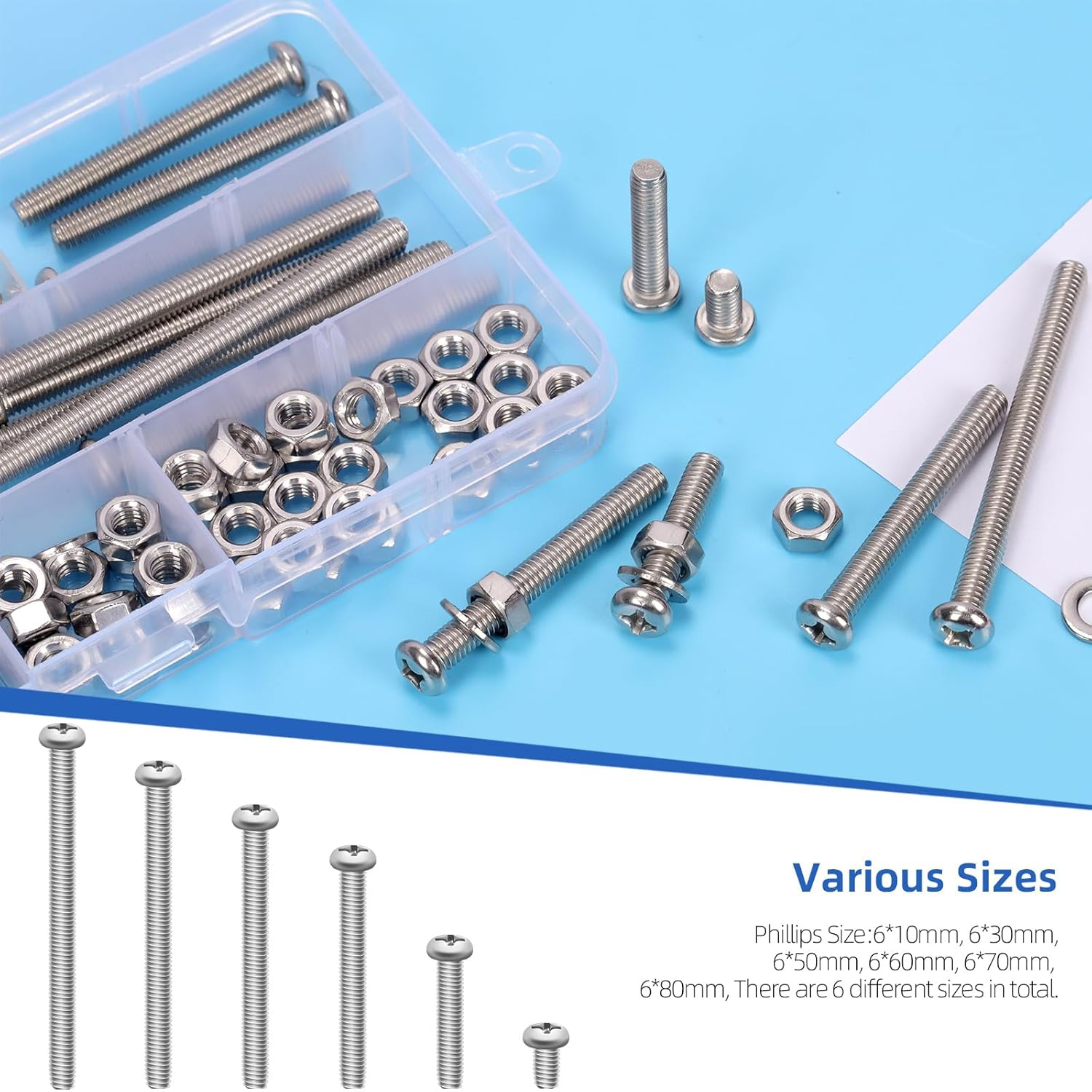 Glarks 114Pcs M6 X 10/30/50/60/70/80Mm Pan Head Phillips Machine Screws Set, 304 Stainless Steel, Fully Thread, Silver Cross Head Screws Bolts with Nuts and Washers for Cabinet Drawer Knob Pull Handle image number 4