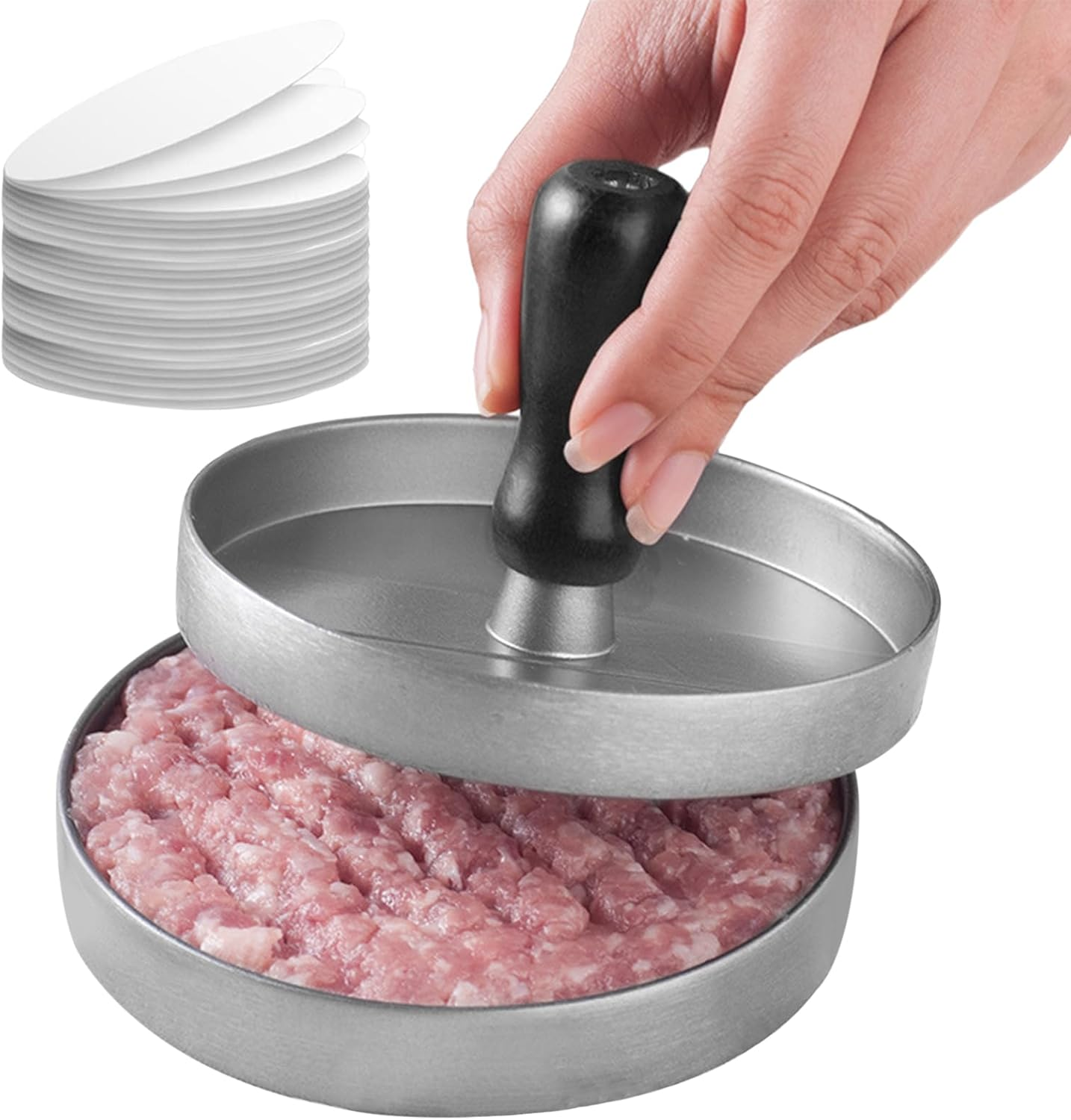 Burger Press Patty Maker, Non-Stick Patty Maker Hamburger Press Mold Aluminum with 100Pcs Wax Papers Set for BBQ Grill image number 2