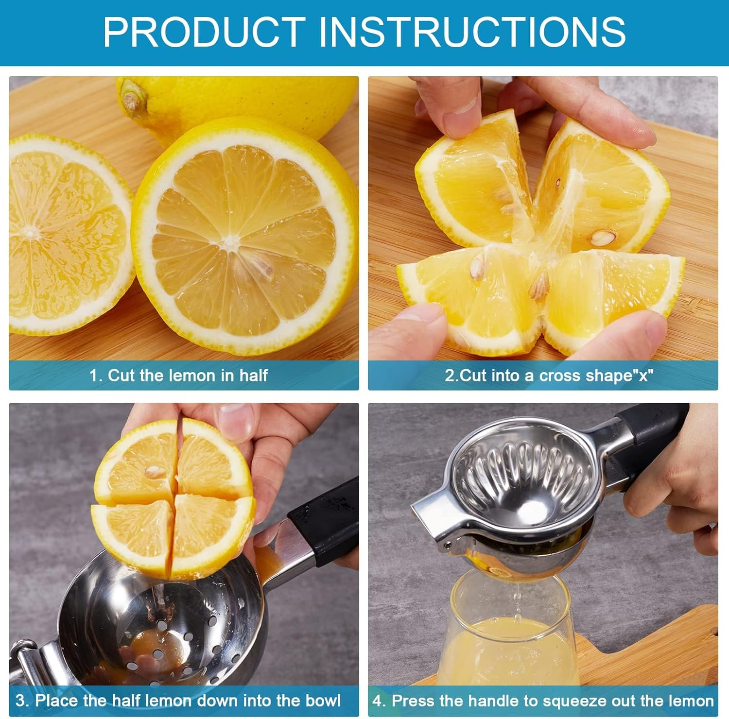 Extra Large Lemon Squeezer Stainless Steel - Easy Squeeze Heavy Duty Manual Lemon Juicer with Non-Slip Silicone Handle - Ergonomic Citrus Squeezer & Fruit Juicer for Small Oranges, Limes image number 3