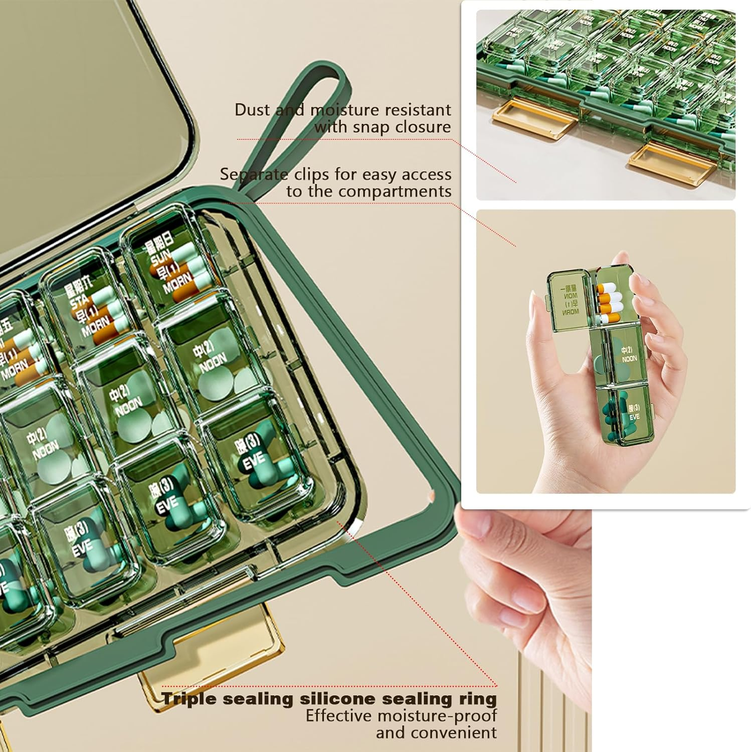 7-Day Pill Organiser Weekly |3-Times-A-Day| Portable Pill Box 7 Day (Green, 24X14X3Cm) - Green image number 6