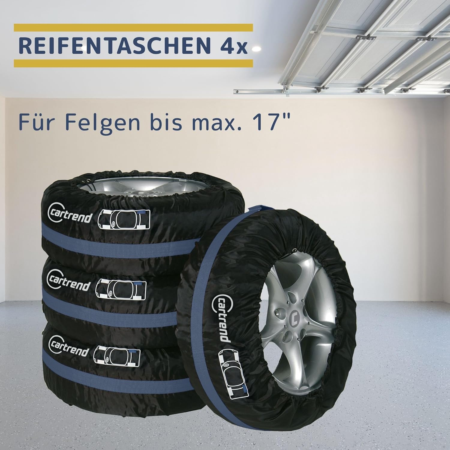 Cartrend Tyre Bag Set, Tyre Protector Cover, 4 Pieces, Water Resistant, Washable, Black/Blue, for Clean Transport and Safe Storage image number 5