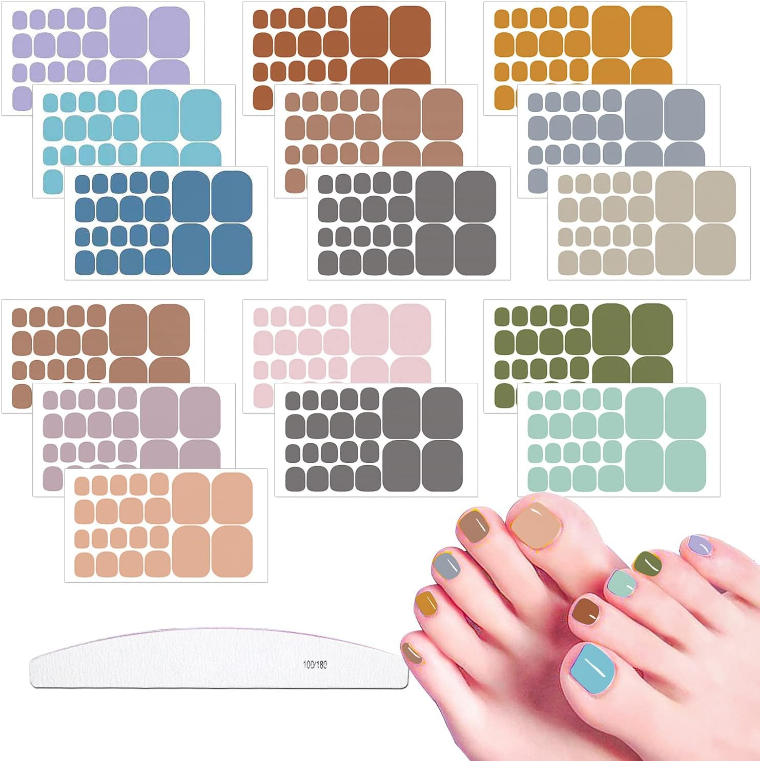 JERCLITY 352 Pieces 16 Sheets Solid Color Toenail Polish Strips Stickers Self Adhesive Bright Color Toenail Full Wraps Full Nail Stickers Nail Art Decal Strips with Nail File for Women Girls