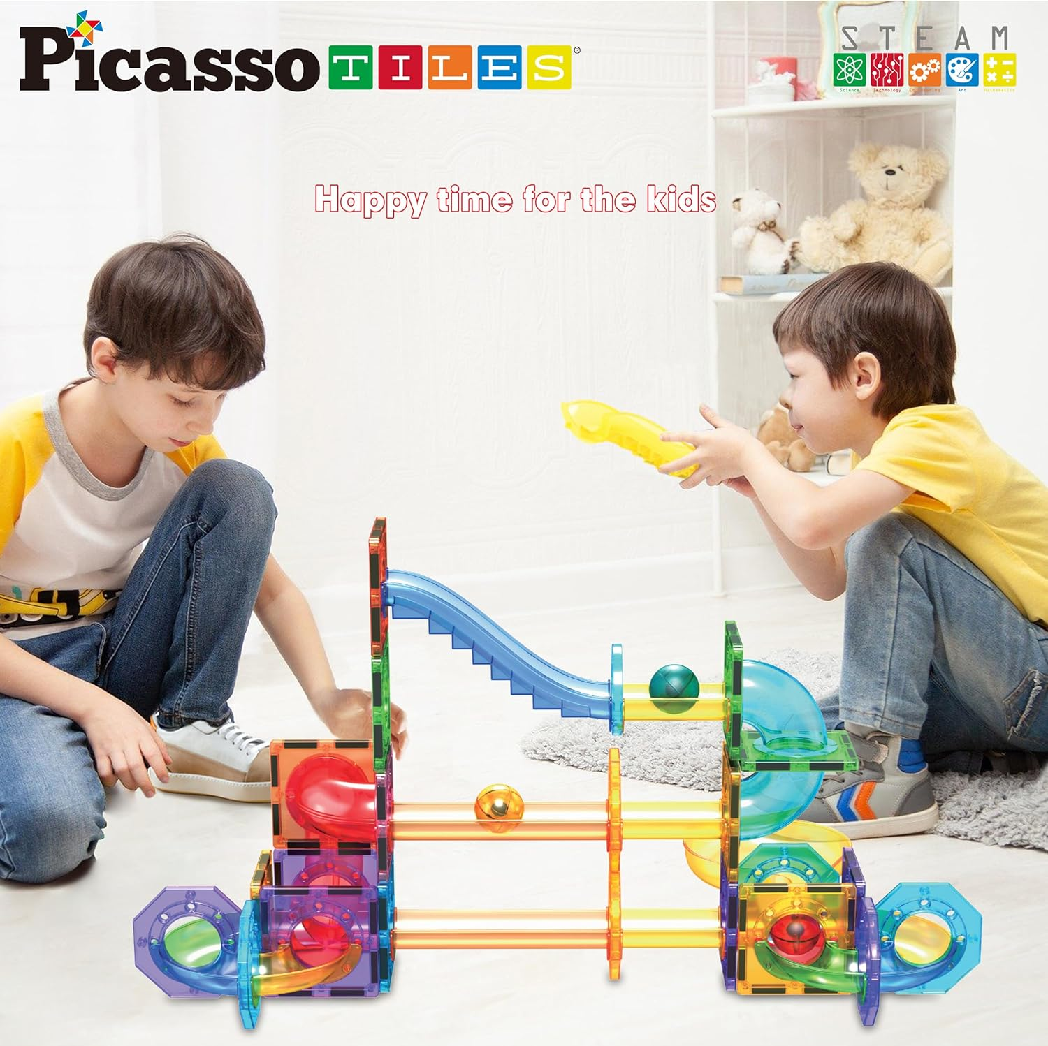 Picassotiles Marble Run 60 Piece Race Track Magnetic Tiles Magnet Building Block Educational Construction Toy Set Playset STEM Learning Kit Child Brain Development Handeye Coordination Training PTG60 image number 3