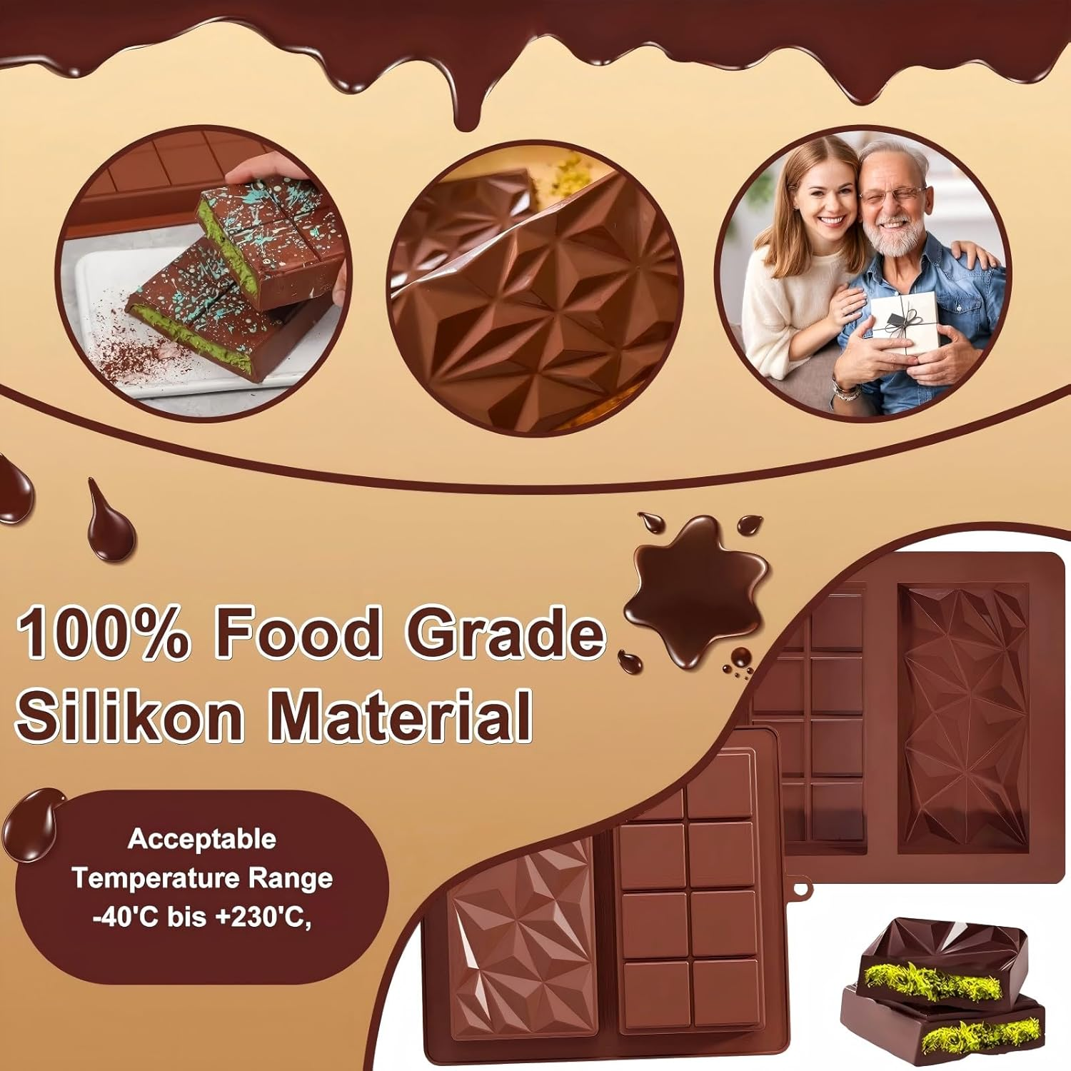 2 Pack Chocolate Bar Mold Deep Dubai 1 Inch Pistachio Chocolate Bar Silicone Thick Mold for Stuffed Bar, Home Kitchen Baking, Holiday Gifts, Wedding Parties Large Candy Bar Mold for Filling - 2 Pack Chocolate image number 6