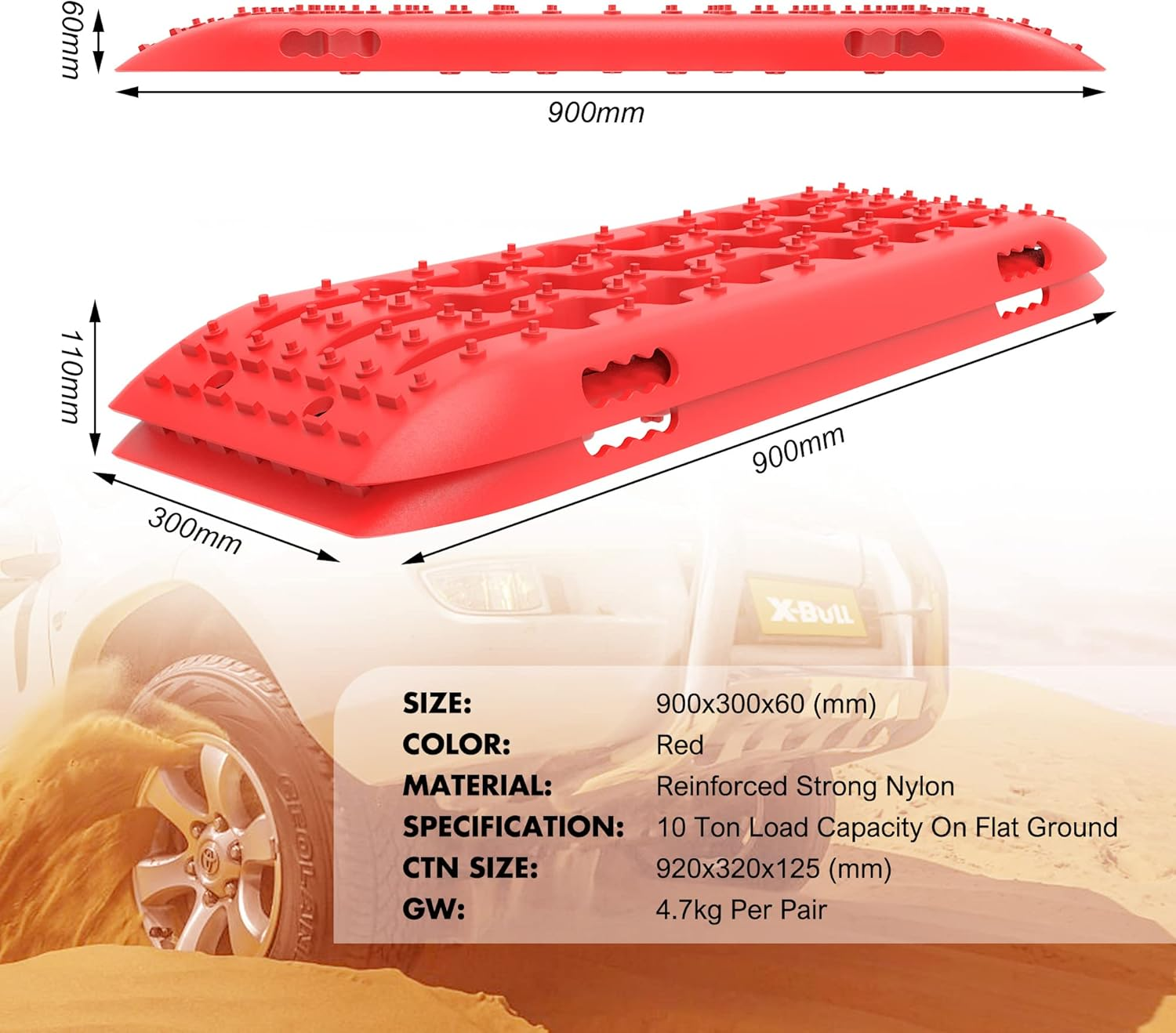 X-BULL Recovery Tracks 4X4 Recovery Boards Offroad 4Wd Tracks 22046LBS/10000KG Stand for Automotive Accessories Tires and Wheels in the Sand Mud Snow(Gen 2.0 Red) image number 2