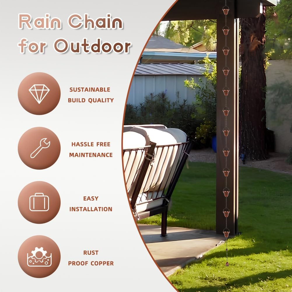 Dreamysoul Copper Rain Chains for Outside, 10.43FT with 12 Cups Rain Catcher Chains for Downspout Gutters, Eaves Drainage image number 2