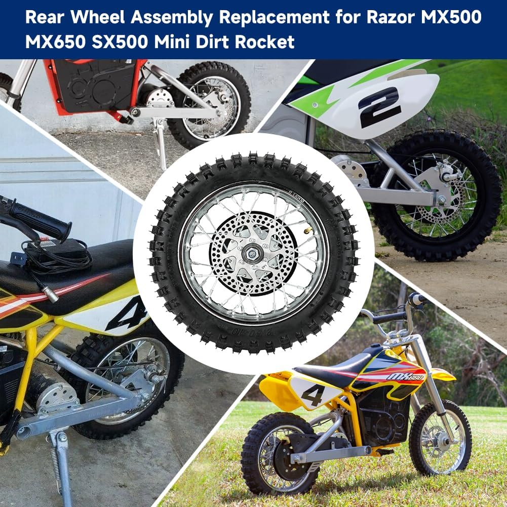 FVRITO Rear Wheel Assembly Replacement for Razor MX500 MX650 SX500 Mini Dirt Rocket Bike 2.50-10 2.50X10 Tire Tube Rim Chain Sprocket Axle Brake Rotor Parts image number 1
