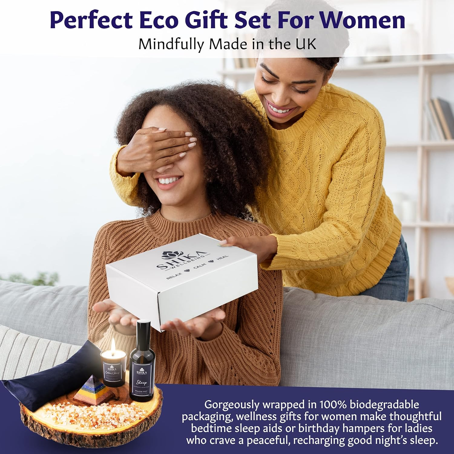 Shika Wellbeing LUXURY SLEEP WELL Pamper Gift Set for Women 100% Silk Lavender Eye Pillow, Pillow Mist, Aromatherapy Candle, Relaxing Bath Salts, 7 Chakra Pyramid Crystal MADE in UK image number 3