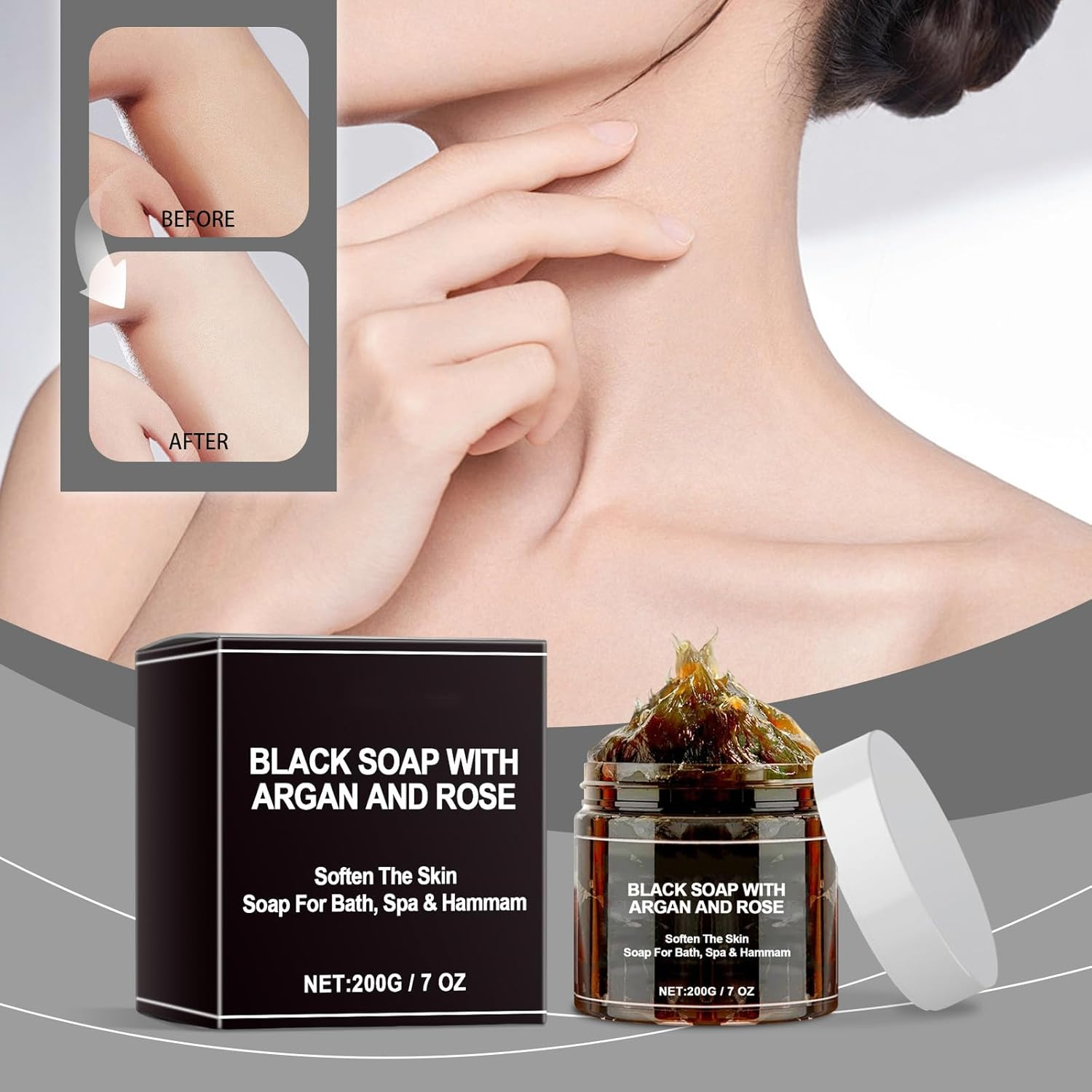 Black Soap with Argan and Rose, Exfoliating Body Cleanser, Gentle Cleansing, 100% Natural, Hydration & Moisturizing, Soften the Skin, Black Soap for Bath, Spa & Hammam, Fresh Fragrance (1Pcs) image number 1