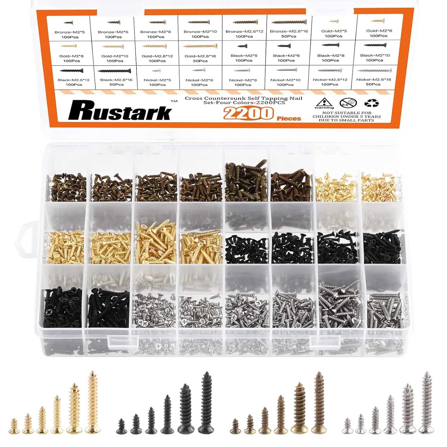 Rustark 1300Pcs M2 M2.6 Gold Flat Head Phillips Cross Small Wood Screws Tapping Screws Electronic Screws Assortment Kit 5Mm 6Mm 8Mm 10Mm 12Mm 16Mm Tapping Screws Small Metric Micro Screw Set