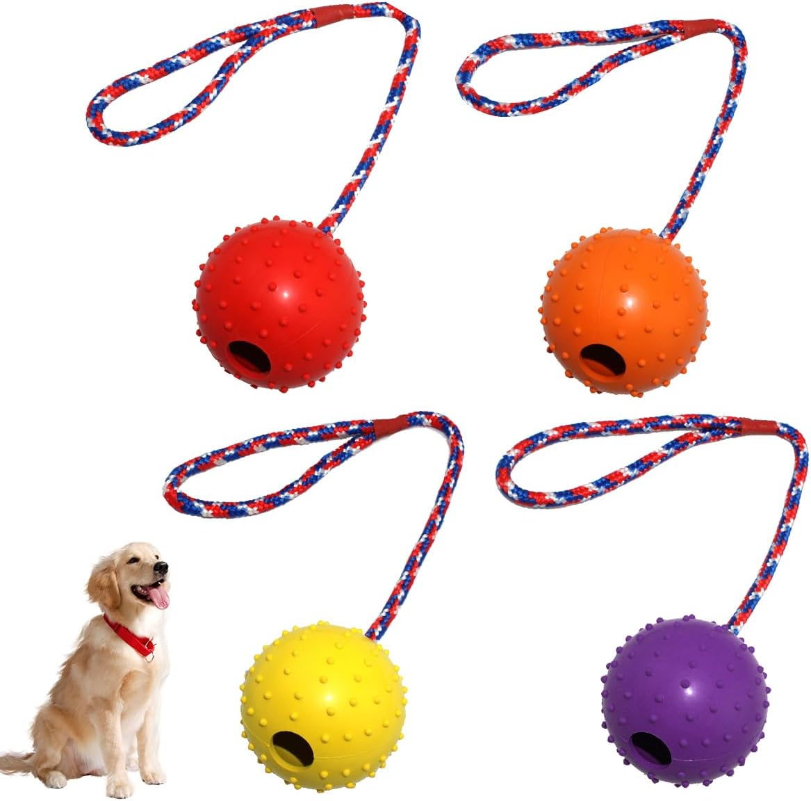 4 Balls with Cord Dog, Diameter 5/30 Cm, Dog Ball with Cord, Dog Toy Ball with Rope, Throwing Ball Dog, Soft and Elastic Solid Rubber Ball for Large and Small Dogs, Throwing, Catching (Red, Yellow, image number 4
