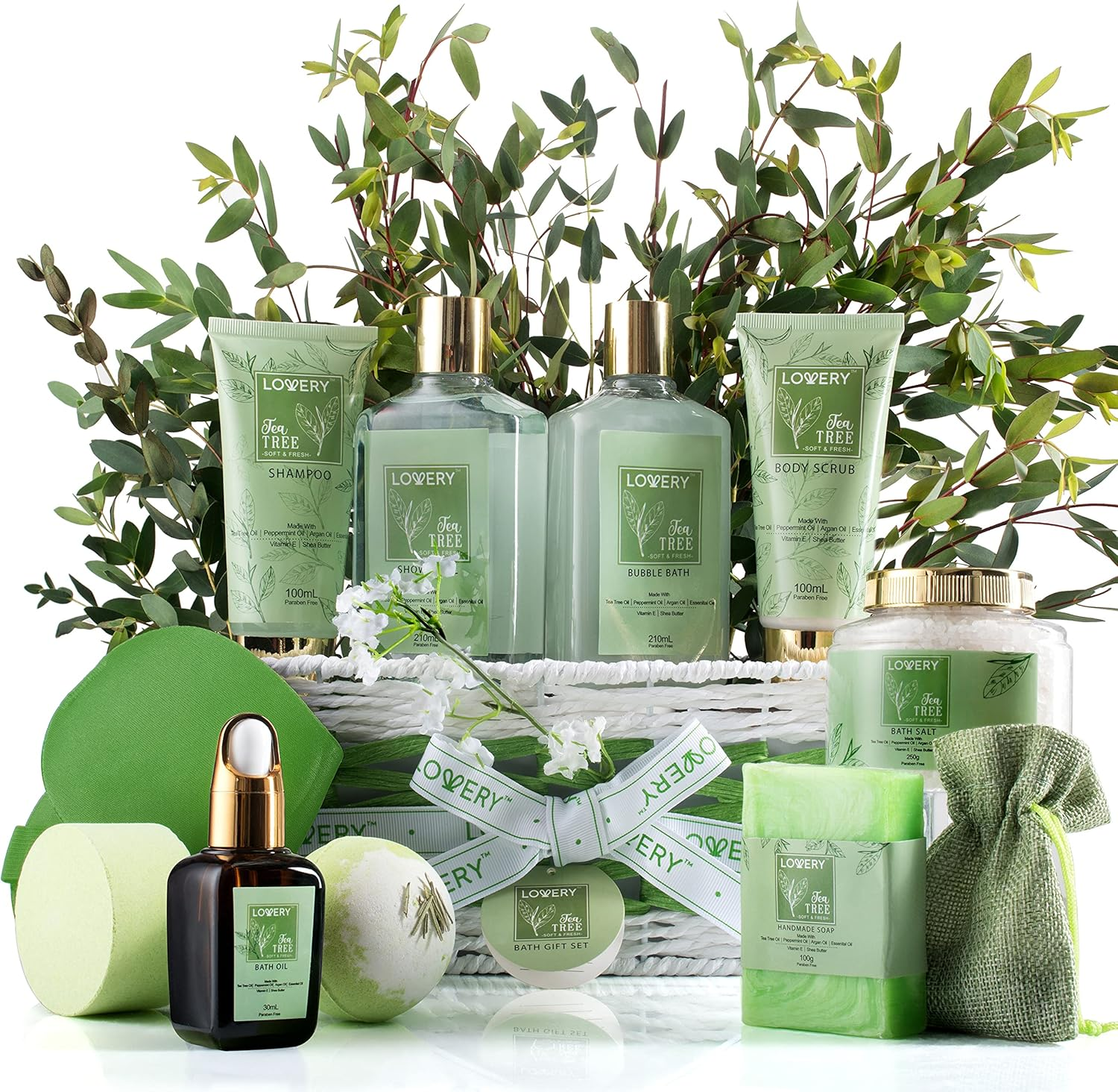 Tea Tree Bath Set - Luxury Home Spa Set with Calming Mint Fragrance &ndash; 15 Pc Relaxation Gift Basket with Tea Tree Bath Oil,Shower Gel, Bubble Bath, Handmade Soap, Steamer Tablet, Potpourri & More