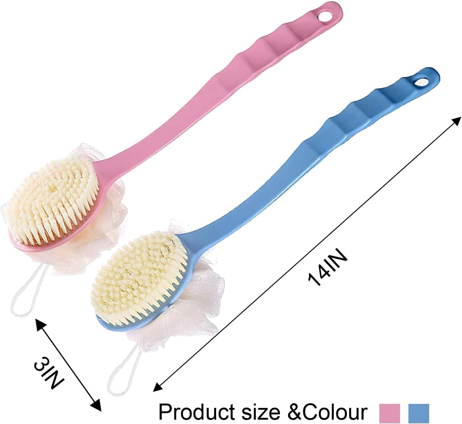 2 Pack Body Brush Back Scrubber for Shower Bath Back Scrubber with Soft Loofah and Bristles Back Scrubber Bath Mesh with Curved Long Handle Suitable for Wet or Dry, Women and Men (Pink，Blue, One Size) image number 3