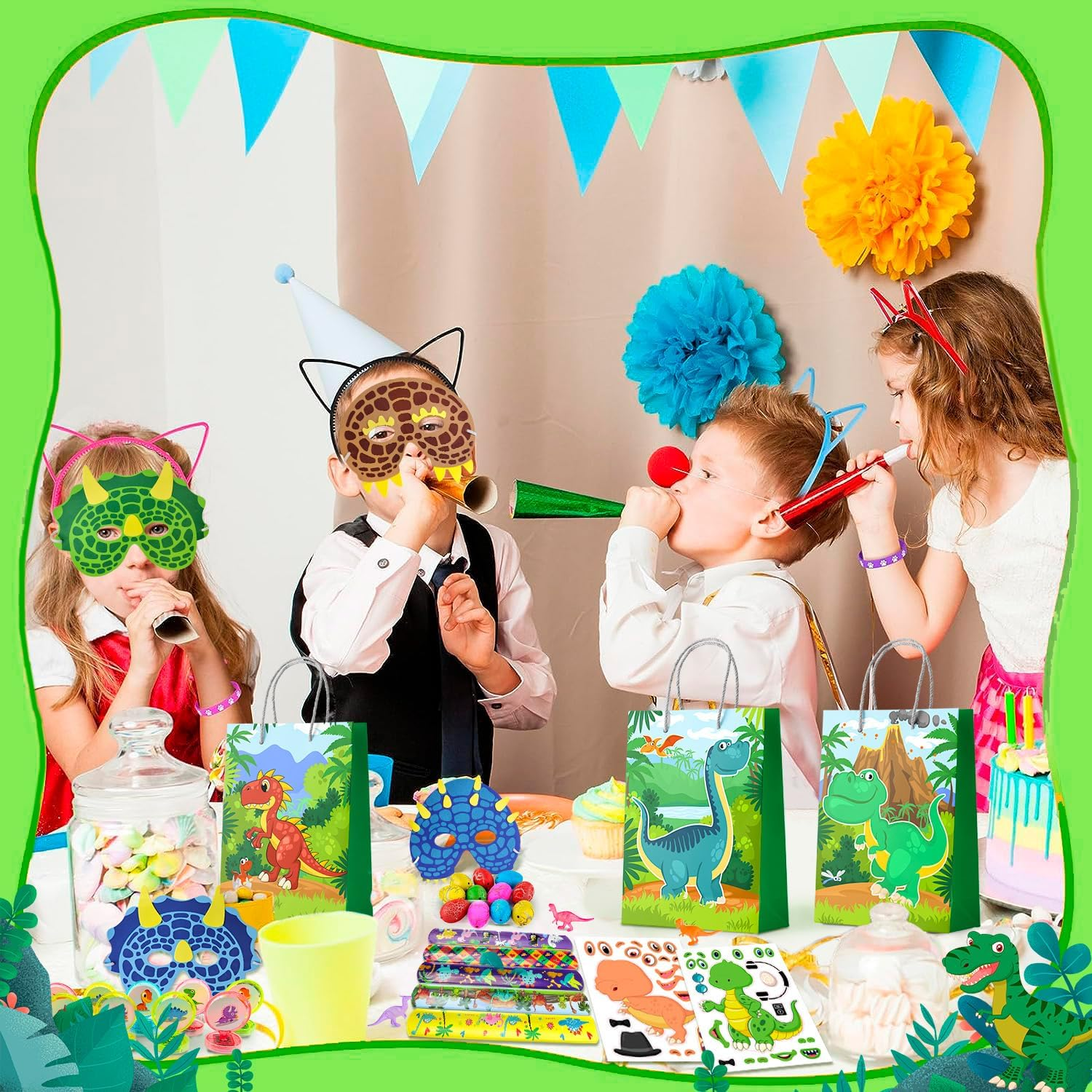 96Pcs Dinosaur Party Favors for Kids All-In-One Dinosaur Birthday Party Favors Set Dino Party Favor Bags Keychains Stampers Stickers Toys Clap Bracelets Etc Dinosaur Birthday Party Supplies image number 5