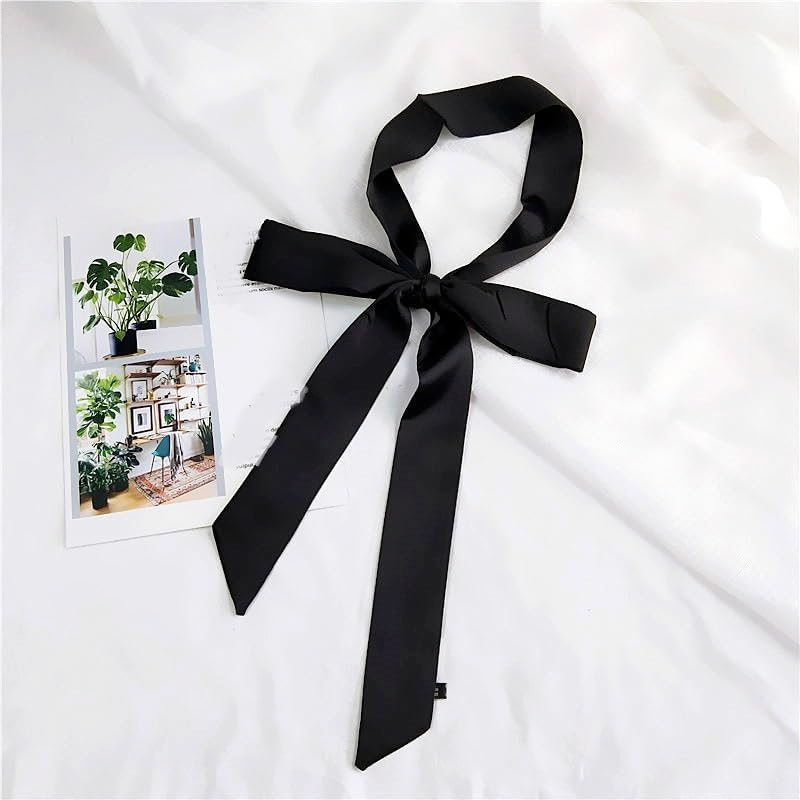 1PCS Black Long Scarf Silky Long Narrow Neckerchief Tie Ribbon Hair Scarf Waist Belt for Women Girls image number 4