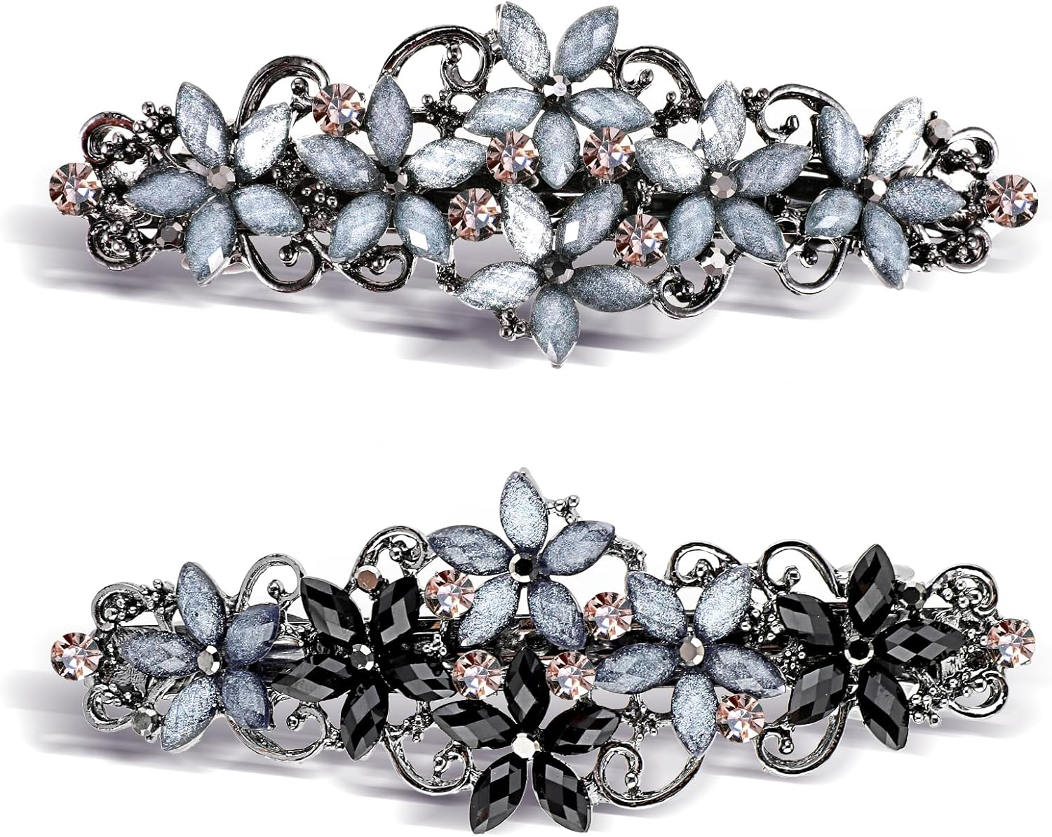 Teaaha Pack of 2 Elegant Hair Clips Women Girls Hair Clip with Crystal Flower Clip Glitter Exquisite Hair Accessories French Style Vintage Hair Accessories (Pink and Blue/Black and Blue) image number 6