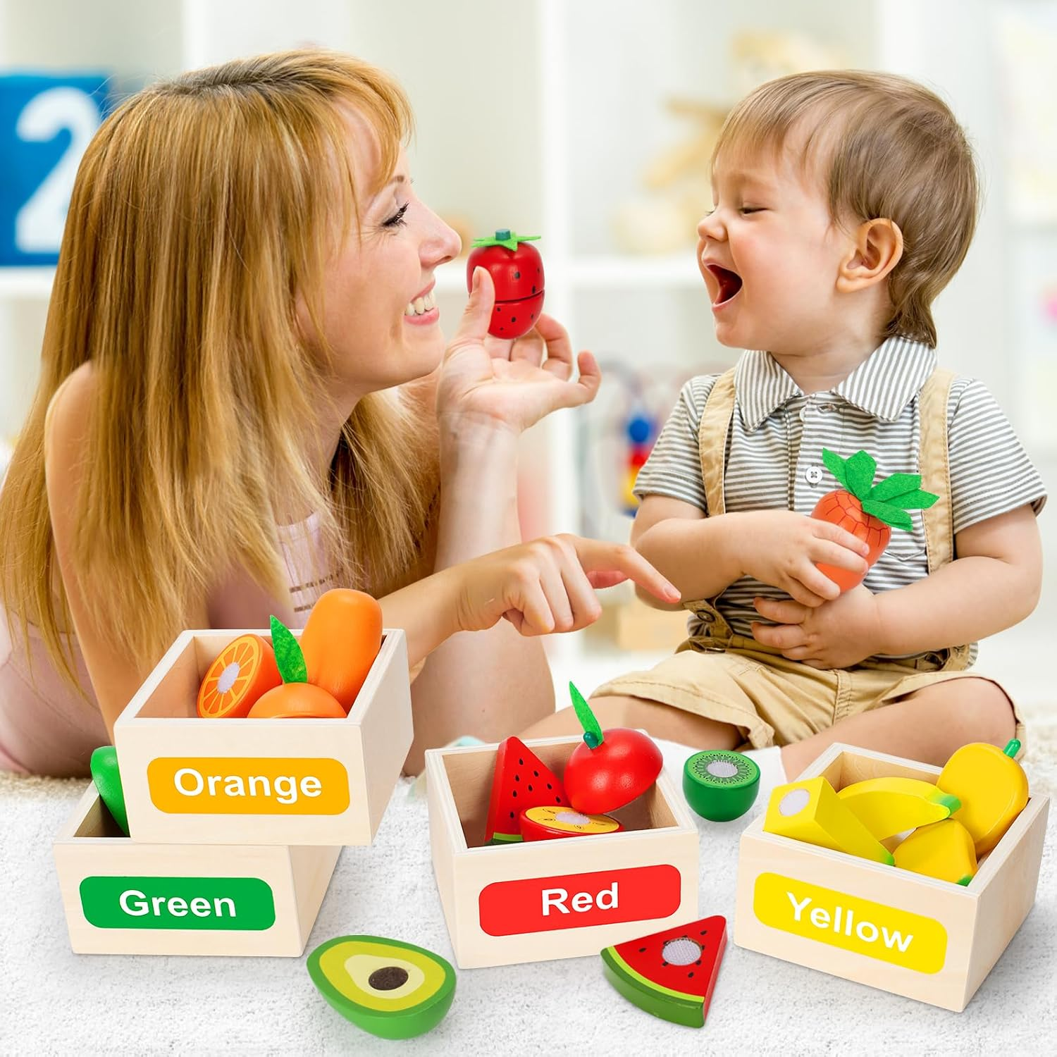 Wooden Play Food Toy Set for Kids Kitchen - 30 Pcs Montessori Cutting & Color Sorting Fake Fruit Accessories with 4 Boxes, Pretend Play Toys for Toddlers 3, Birthday Gifts for Boys Girls image number 3