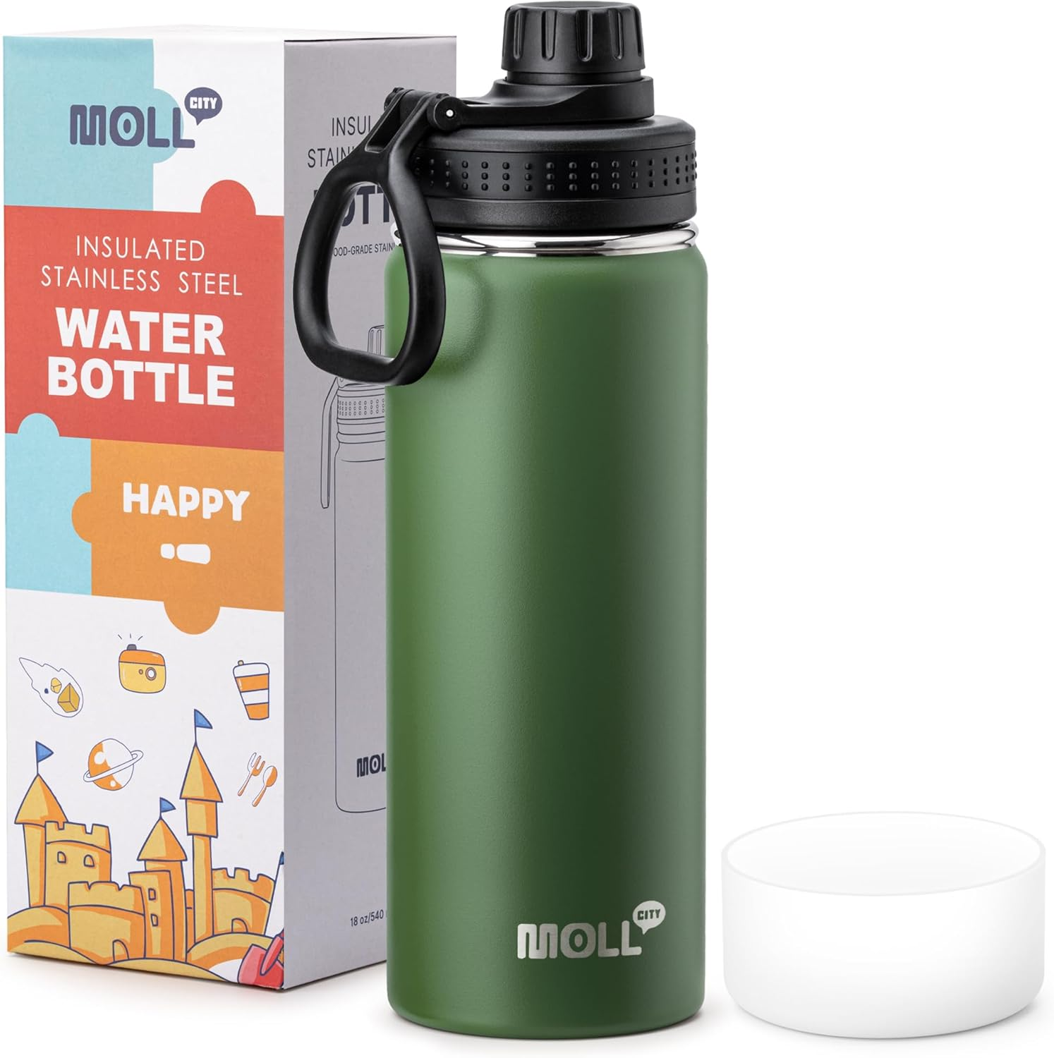 Mollcity 530ML Insulated Water Bottle-Stainless Steel Vacuum Wide Mouth Sports Water Flask with Silicone Boot-Reusable Metal Leak Proof Travel Water Bottle for Girls Boys(Grass Green)