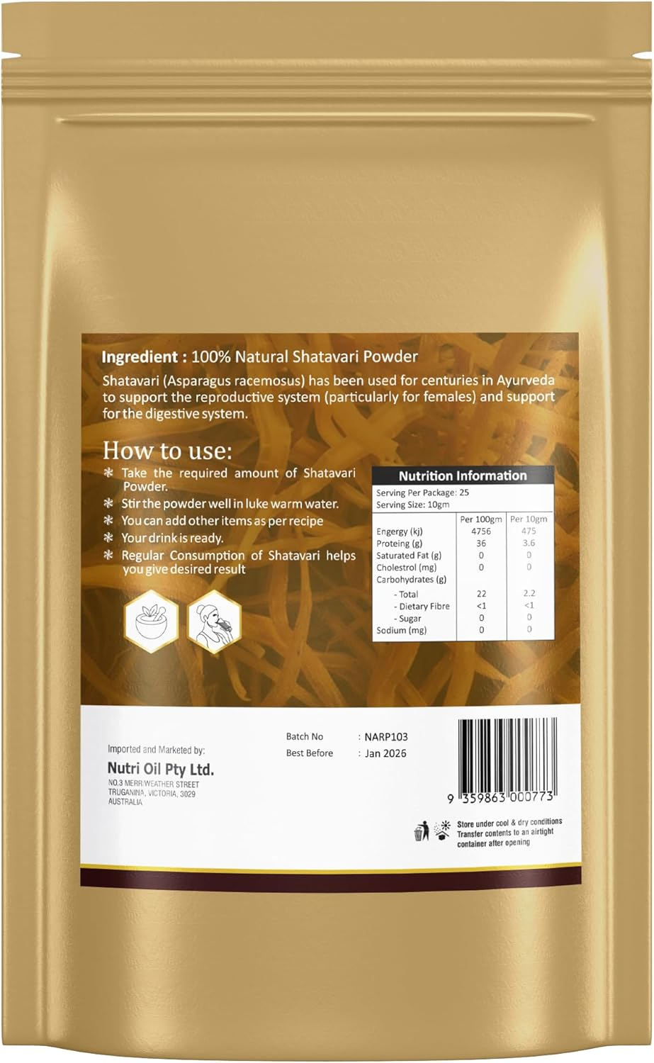 Nutri Glow | Shatavari Powder | 8.81 Oz (250 G) | Asparagus Racemosus | Herb for Vitality Improve Physical Strength | Balances Female Hormones | Vegan | Ayurveda | Non GMO | Potent Ayurvedic Herb | Resealable Air Tight image number 1