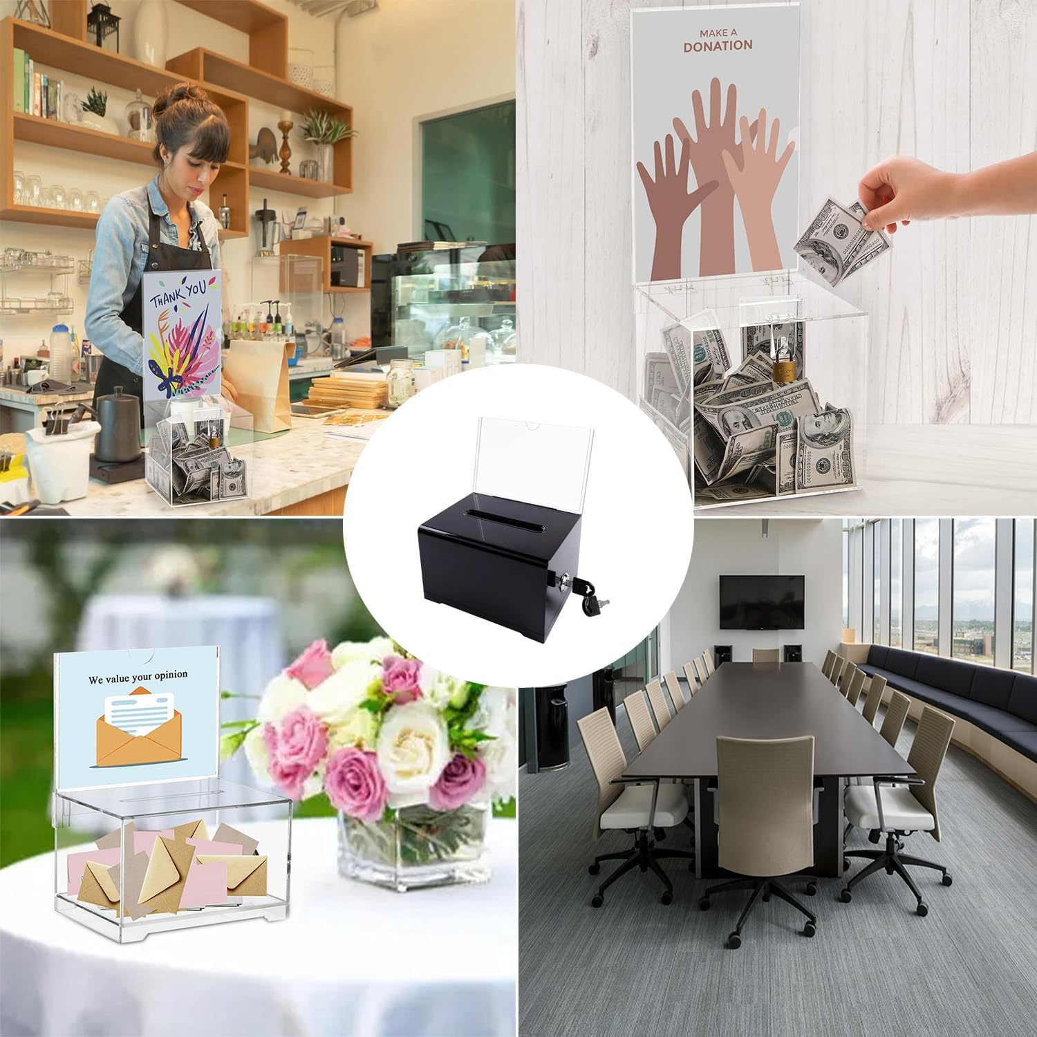 Acrylic Donation Box, Lockable Donation Box, Ballot Box, Black, Transparent with Key Lock, for Sweepstakes, Votes, Business Cards, with Sticker image number 6