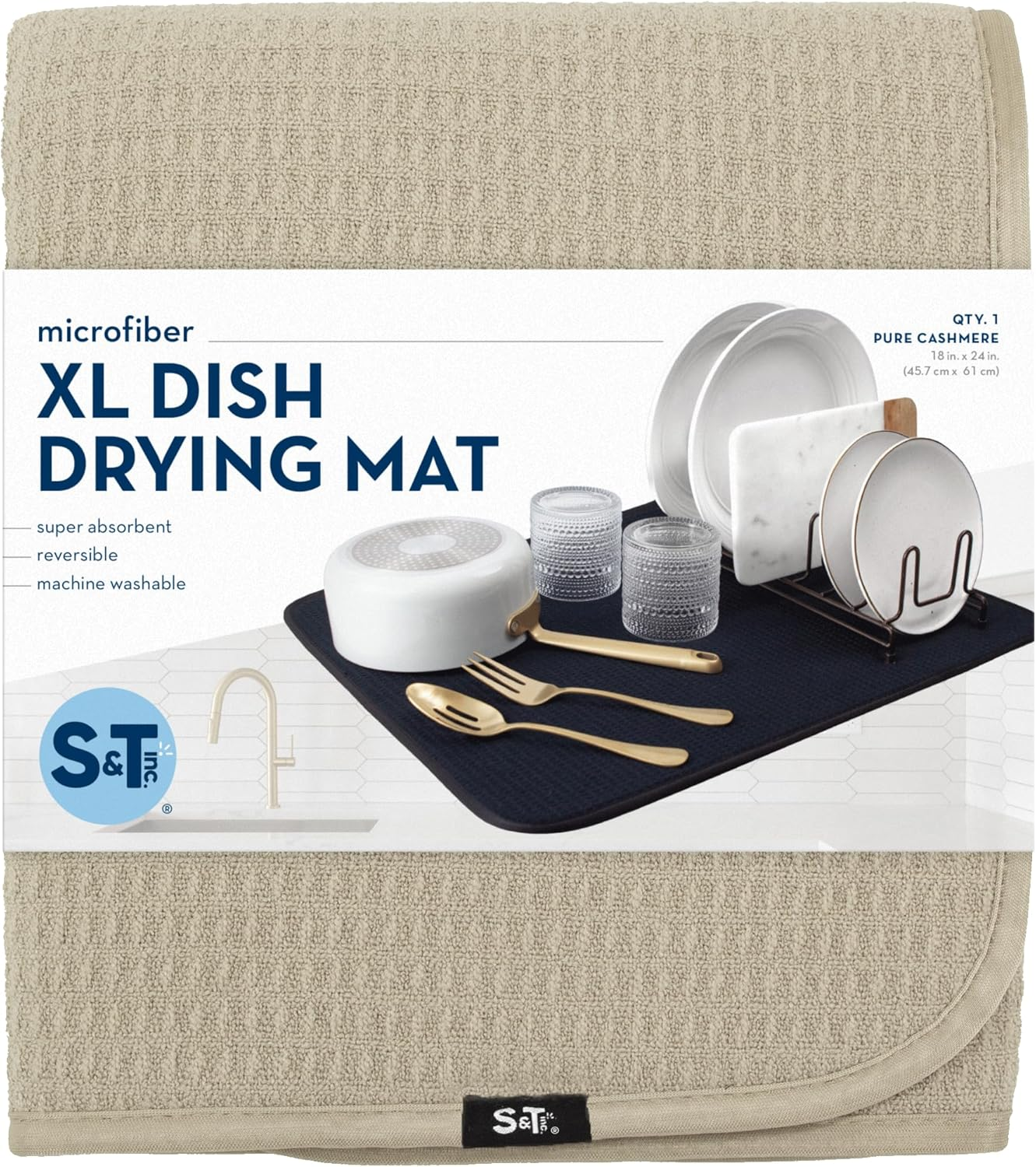 S&T INC. Dish Drying Mat XL, Highly Absorbent Microfiber Kitchen Counter Mat, Dish Drying Pad for Dishes, Utensils, Pots and Pans, Extra Large 18" X 24", Pure Cashmere image number 6