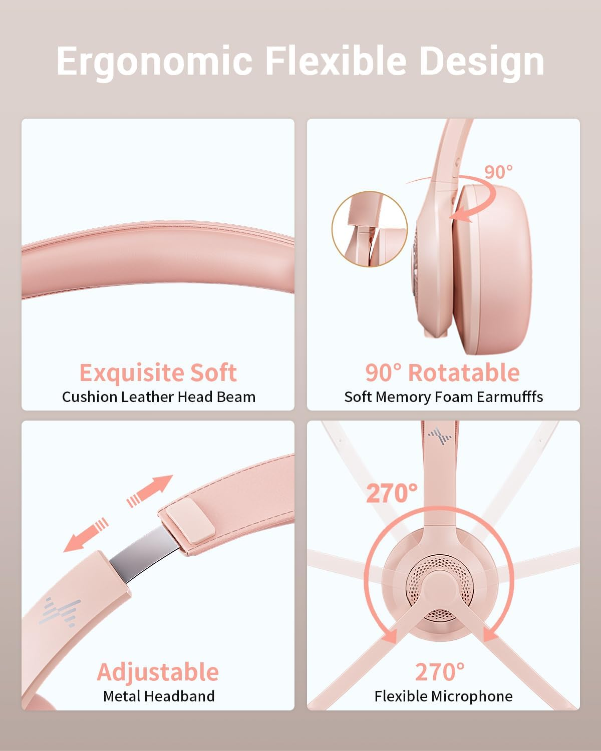 JIAMQISHI Wireless Headset with AI Noise Cancelling Microphone Bluetooth Headset - Bluetooth V5.2 Headphones with USB Dongle & Mic Mute for Computer/Laptop/Pc/Iphone/Android/Cell Phones (Pink) - Black image number 5