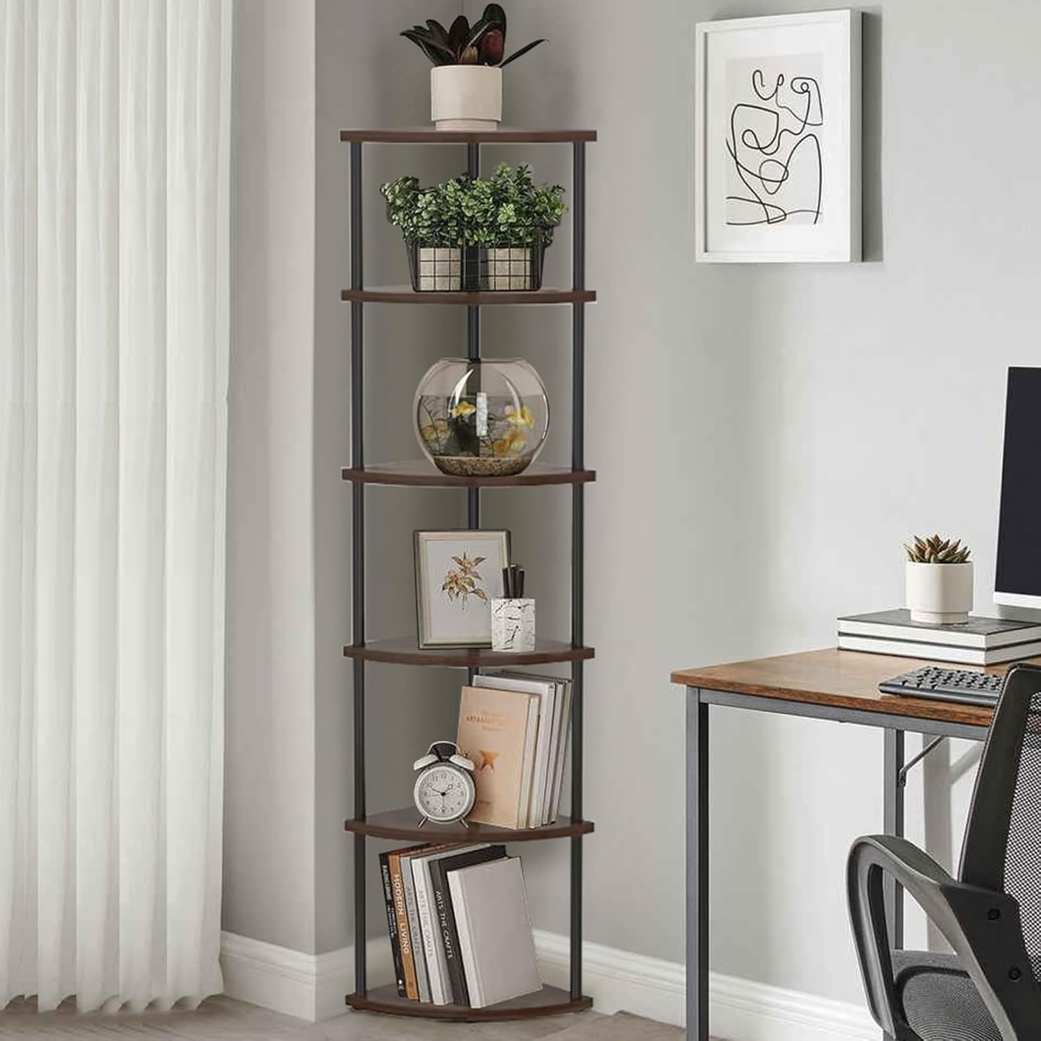 Corner Bookshelf, Storage Standing Shelf Unit with Metal Framecorner Shelf Stand, (Walnut, 6 Tier) image number 2