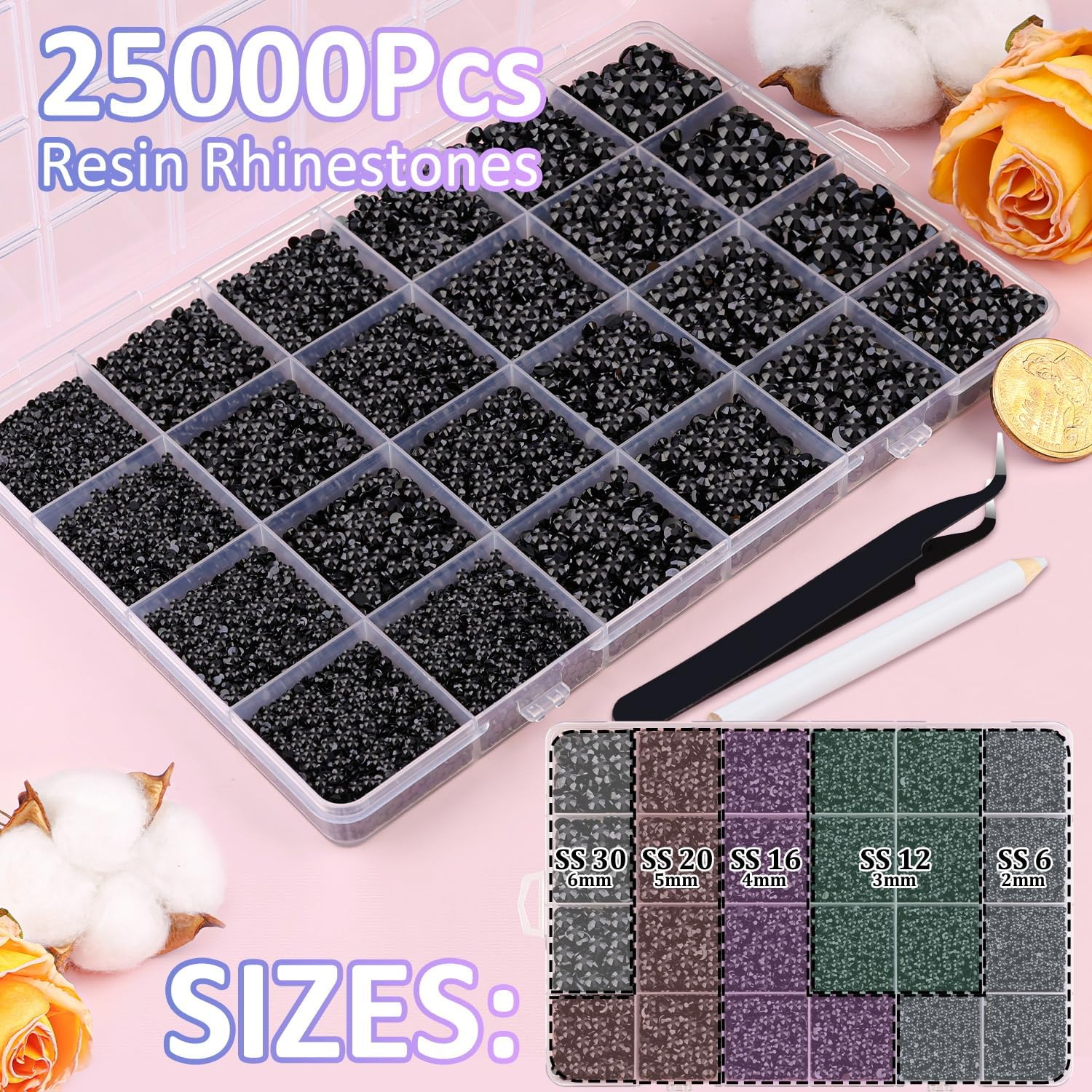 25000Pcs Resin Jelly Rhinestones for Crafting, Black 2-6Mm Mixed Sizes Non Hotfix Flatback Gems, Bedazzling Crystal for DIY Crafts Clothing Tumblers Mugs Shoes Fabric Nail Art - Black image number 2