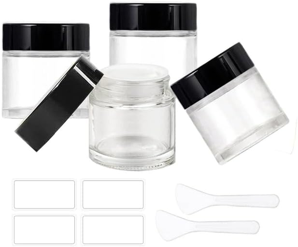 BEGIKET 4 Pack 2 Oz Amber Glass Jars with Lids，60Ml Empty round Glass Jar with Inner Liners and Black Lids,Cosmetic Containers for Storing Cream,Ointments,Lotion (Amber - Black Lid)