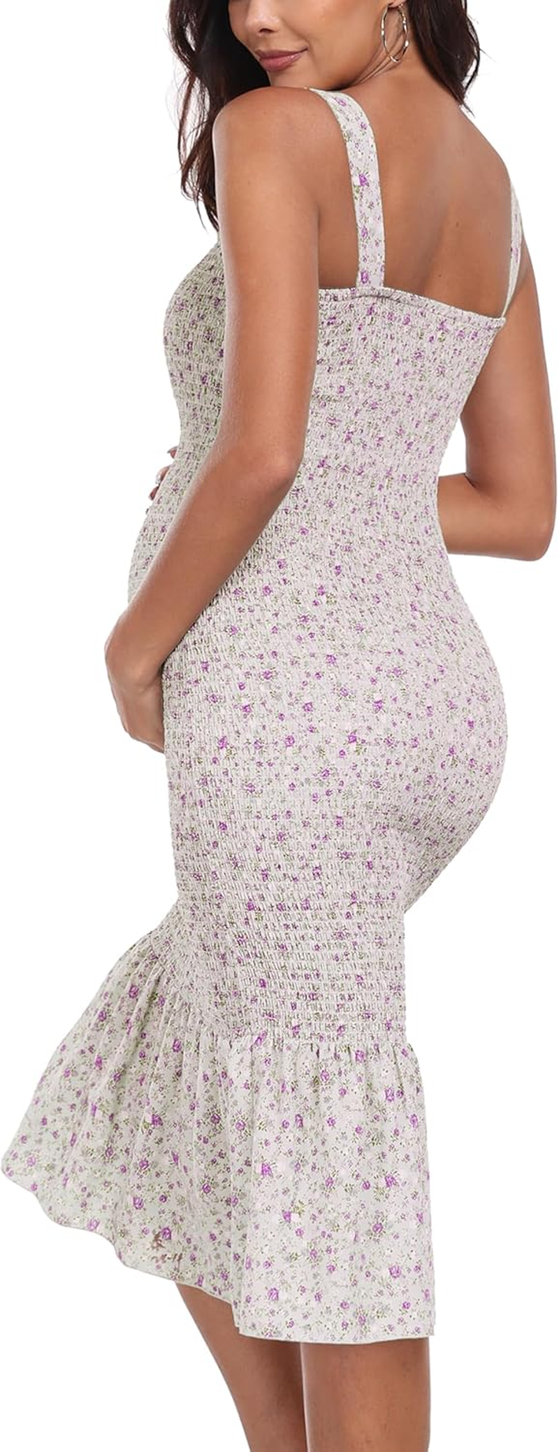 Summer Tank Maternity Dress Sleeveless Strappy Floral Midi Bodycon Square Neck Ruffle Mermaid Smocked Dress for Baby Shower, Beige Purple Floal, Medium image number 5