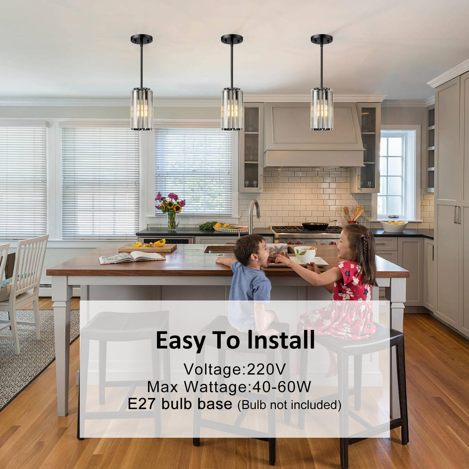 Mlihove Pendant Light Kitchen 1-Light, Crystal Pendant Lighting Black Island Light Fixture Hanging Adjustable, Modern Pendant Lights Chandelier for Dining Room, Kitchen Island, Entryway, Hallway