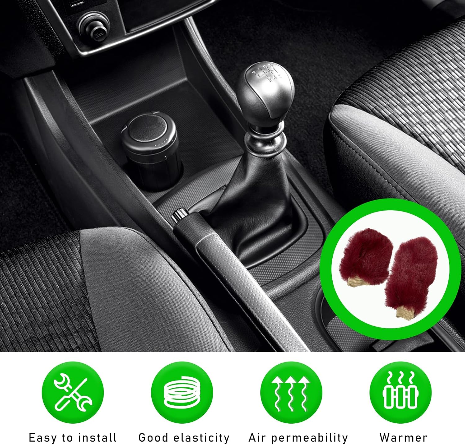 Ziciner 2PCS Plush Car Gear Shift Knob Cover & Handbrake Cover, Comfortable Anti-Slip Auto Shift Knob Protector, Fluffy Warm Hand Brake Handle Cover, Interior Car Accessories (Wine Red) - Beige image number 3