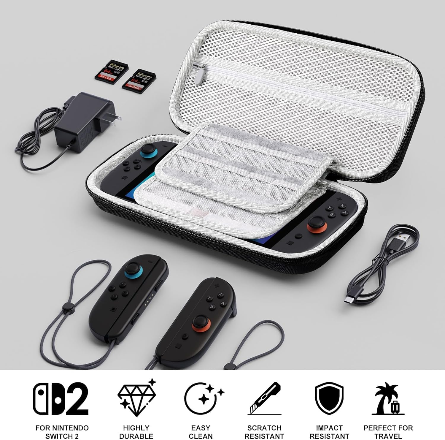 Carrying Case Compatible with Switch 2 (2025) 7.9 Inch, Protective Hard Shell Portable Travel Case, Durable Ballistic Nylon, Lightweight and Large Capacity, Accessories Compatible with Switch 2, Black image number 5
