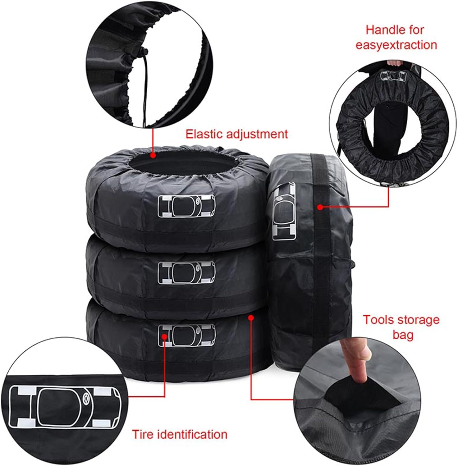 Geloo Car Spare Tire Cover, Seasonal Tire Totes,Polyester Wheel Tires Storage Bags Vehicle Tyre Accessories Tyre Cover with 4Pcs Fit for 19"-23" Tyres (Diameter 80Cm)-Black image number 4