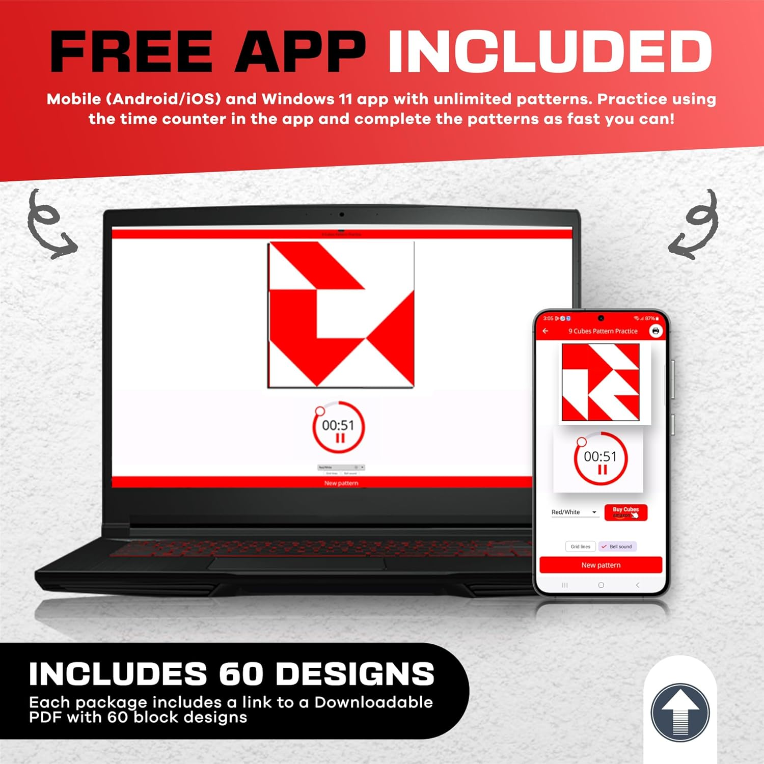 Prfcnl IQ Test Blocks - 9 Wooden Cubes in White and Red with 60 Patterns and Mobile App, Ideal for WISC, WAIS, WPPSI Prep,Educational STEM Montessori Gift Toy for All Ages Challenge image number 6