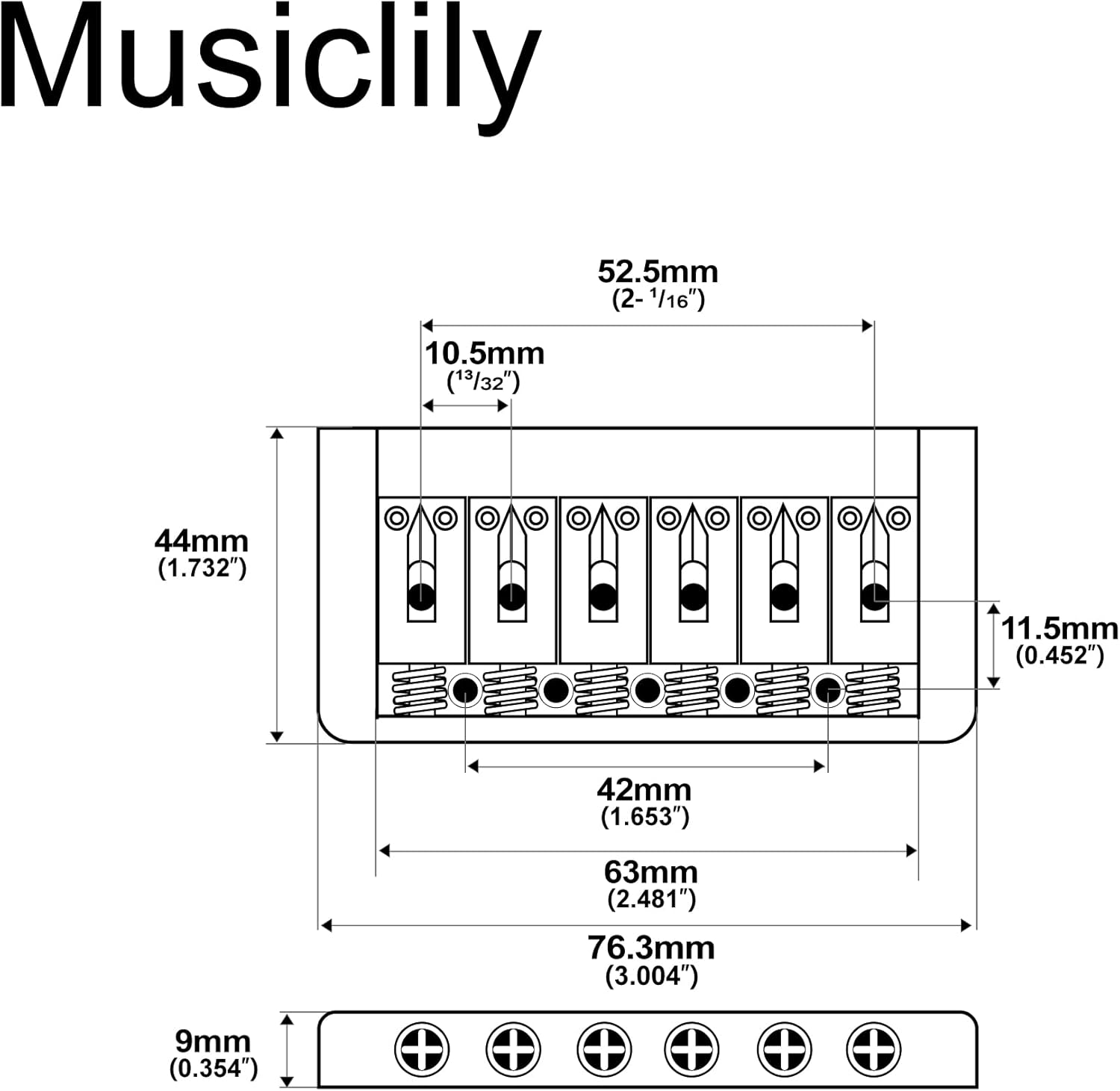Musiclily 52.5Mm Edged Fixed Hardtail Bridge Non Tremolo Bridge for Strat Tele Style Electric Guitar, Chrome